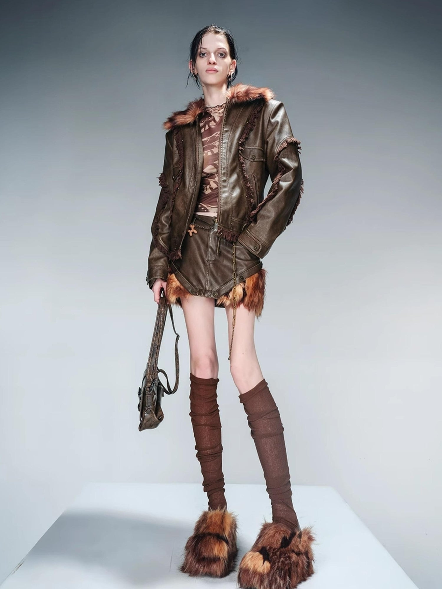 UpdateNN NORTH NODE Quilted Shearling Lined Detachable Fur Collar Leather Jacket