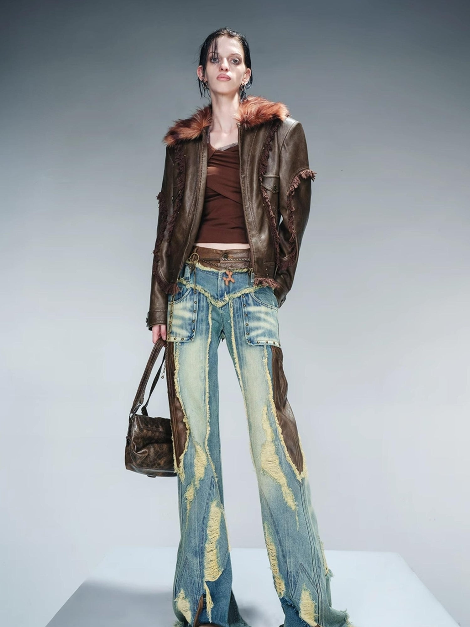 UpdateNN NORTH NODE Quilted Shearling Lined Detachable Fur Collar Leather Jacket