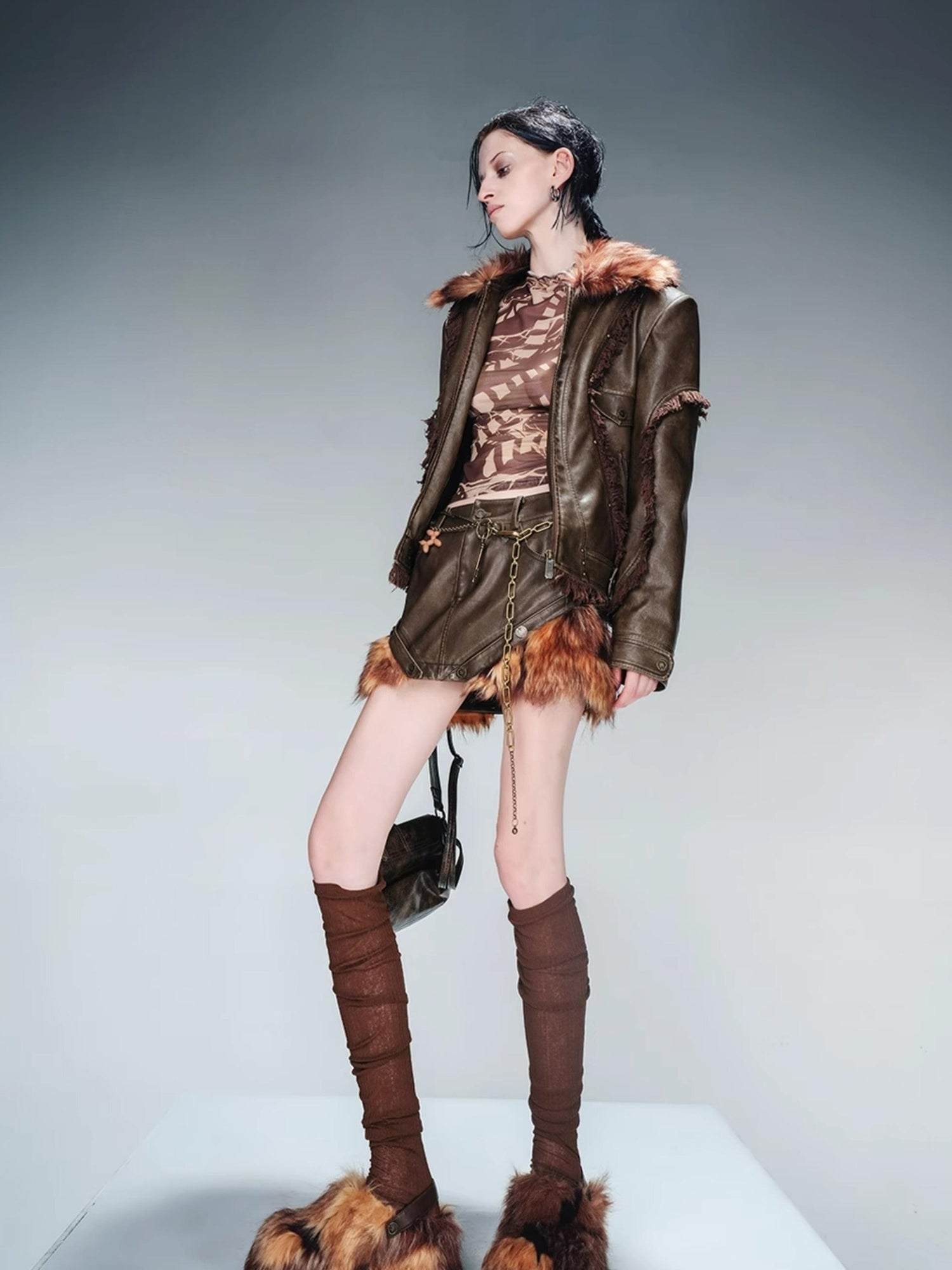 UpdateNN NORTH NODE Quilted Shearling Lined Detachable Fur Collar Leather Jacket