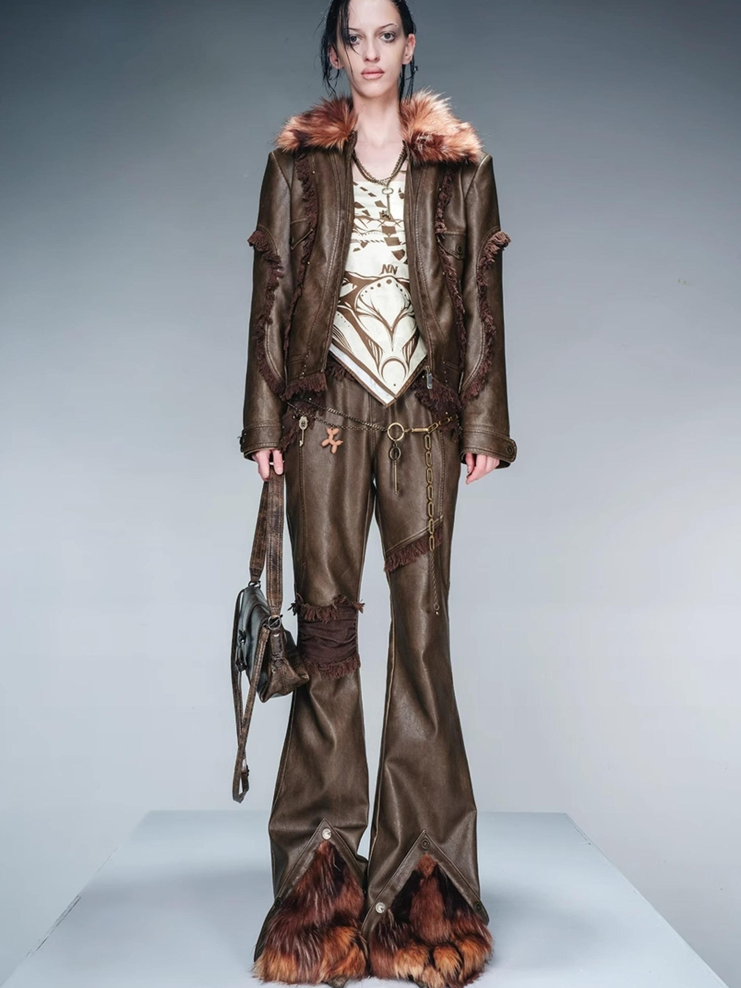 UpdateNN NORTH NODE Quilted Shearling Lined Detachable Fur Collar Leather Jacket