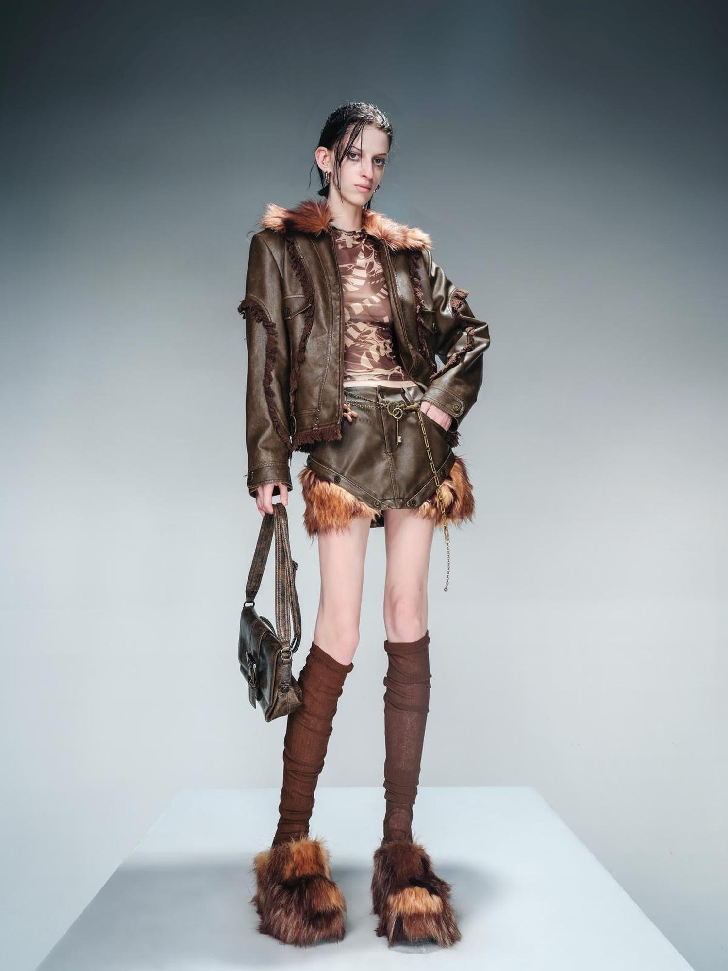 UpdateNN NORTH NODE Quilted Shearling Lined Detachable Fur Collar Leather Jacket