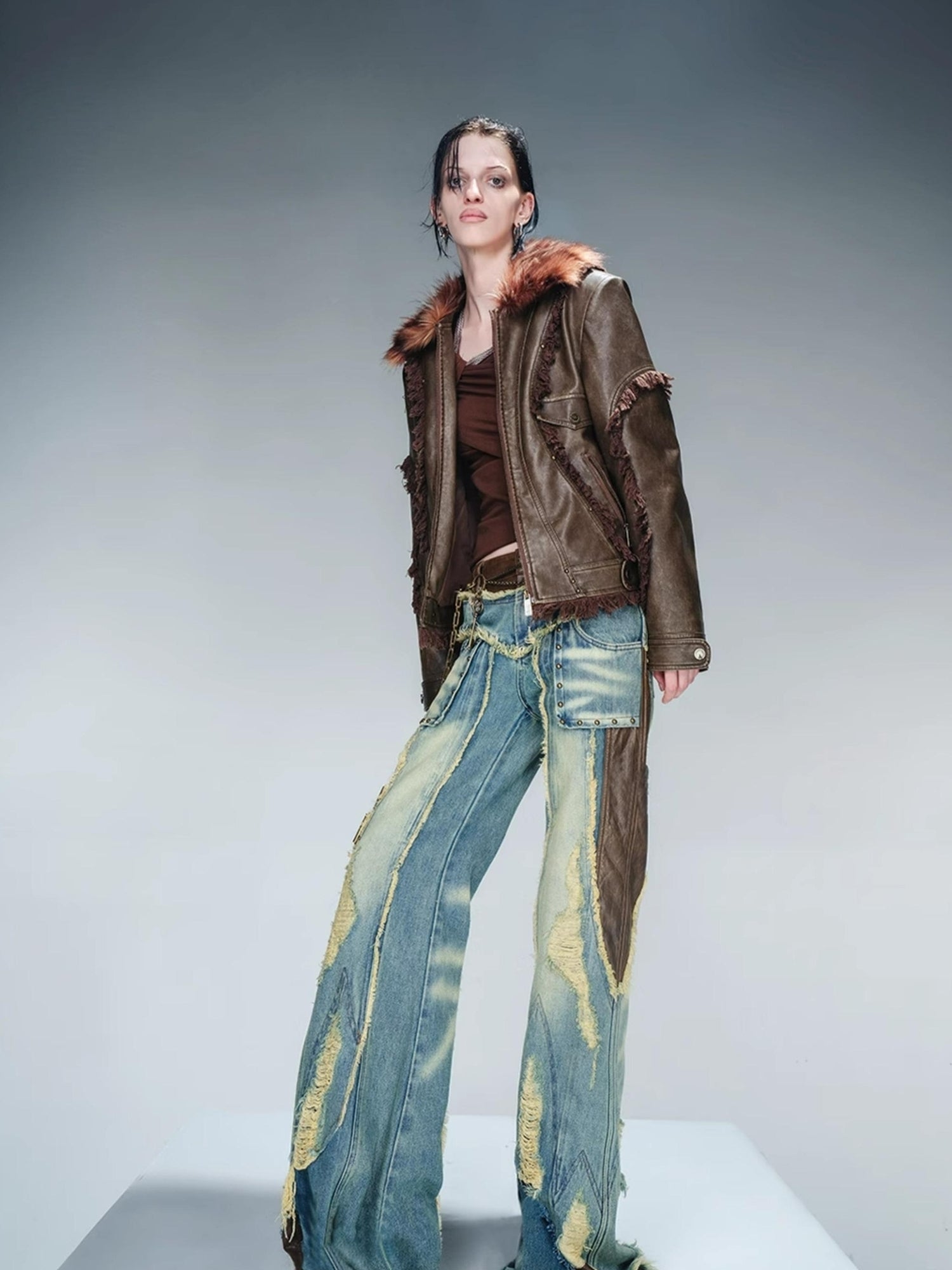 UpdateNN NORTH NODE Quilted Shearling Lined Detachable Fur Collar Leather Jacket