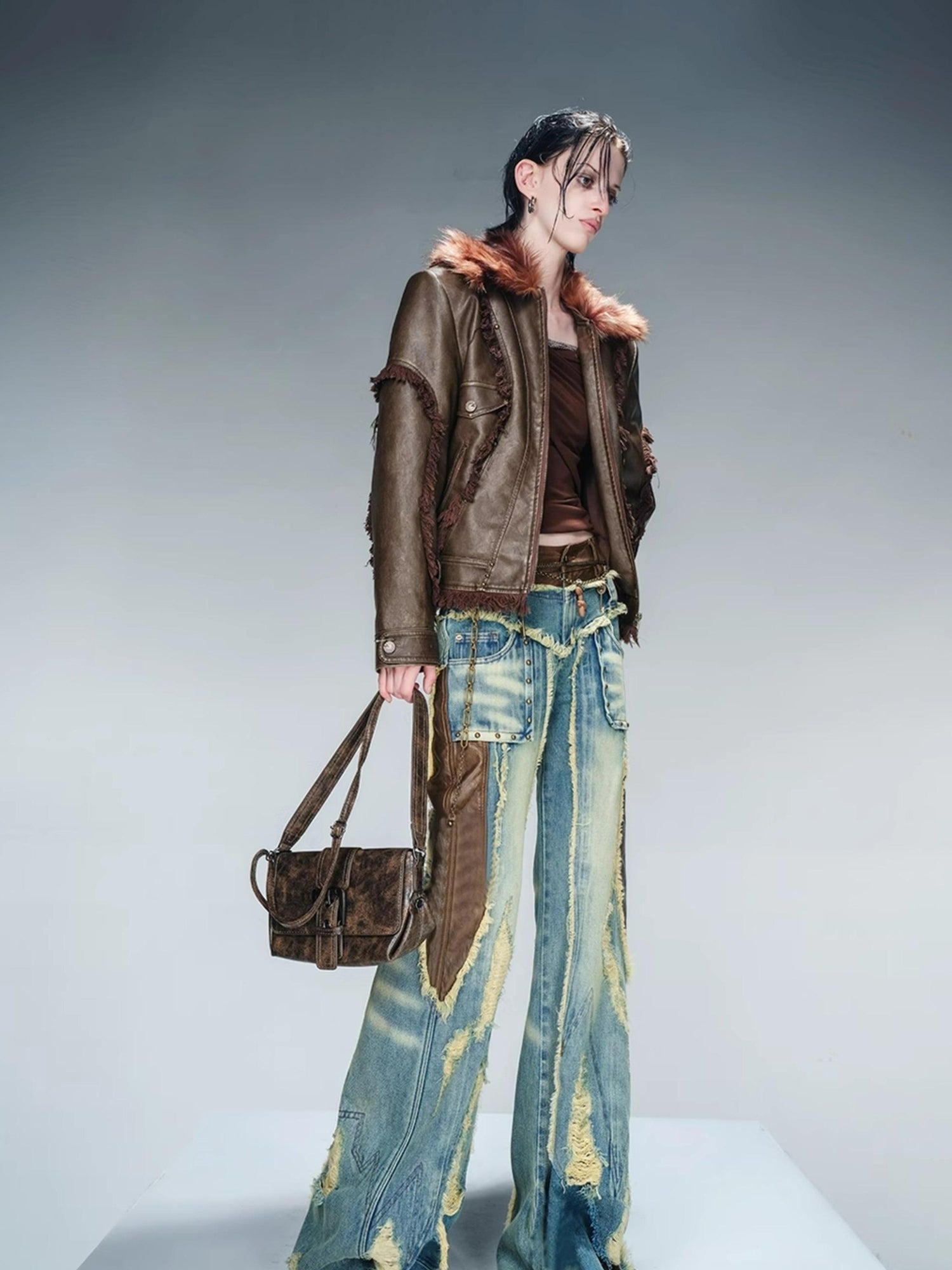 UpdateNN NORTH NODE Quilted Shearling Lined Detachable Fur Collar Leather Jacket