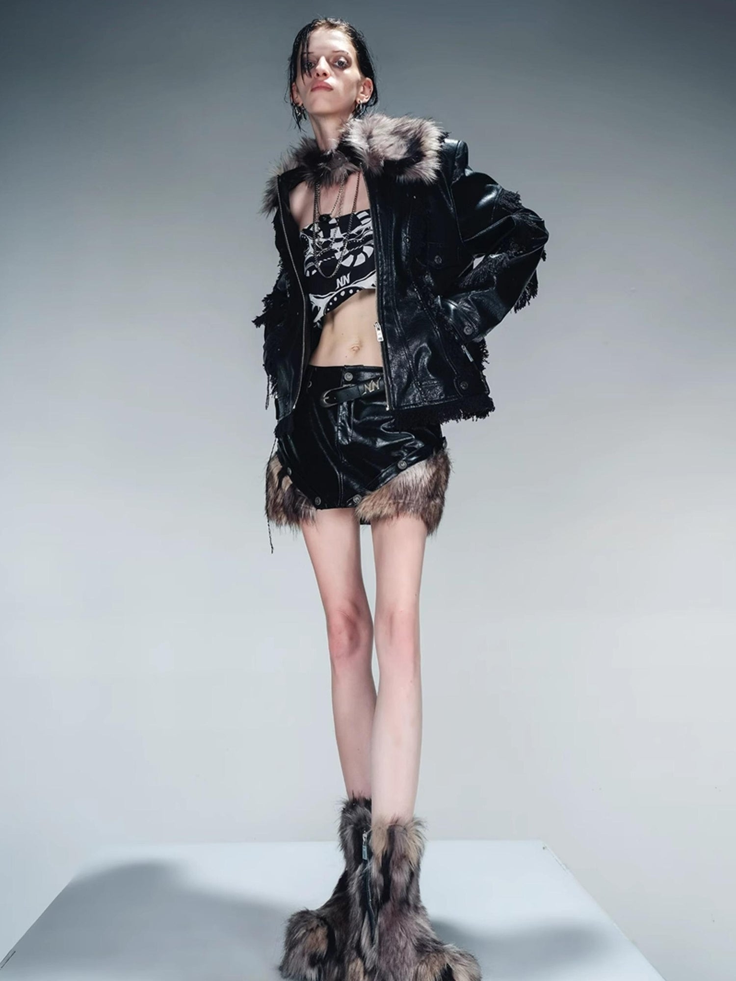 UpdateNN NORTH NODE Quilted Shearling Lined Detachable Fur Collar Leather Jacket