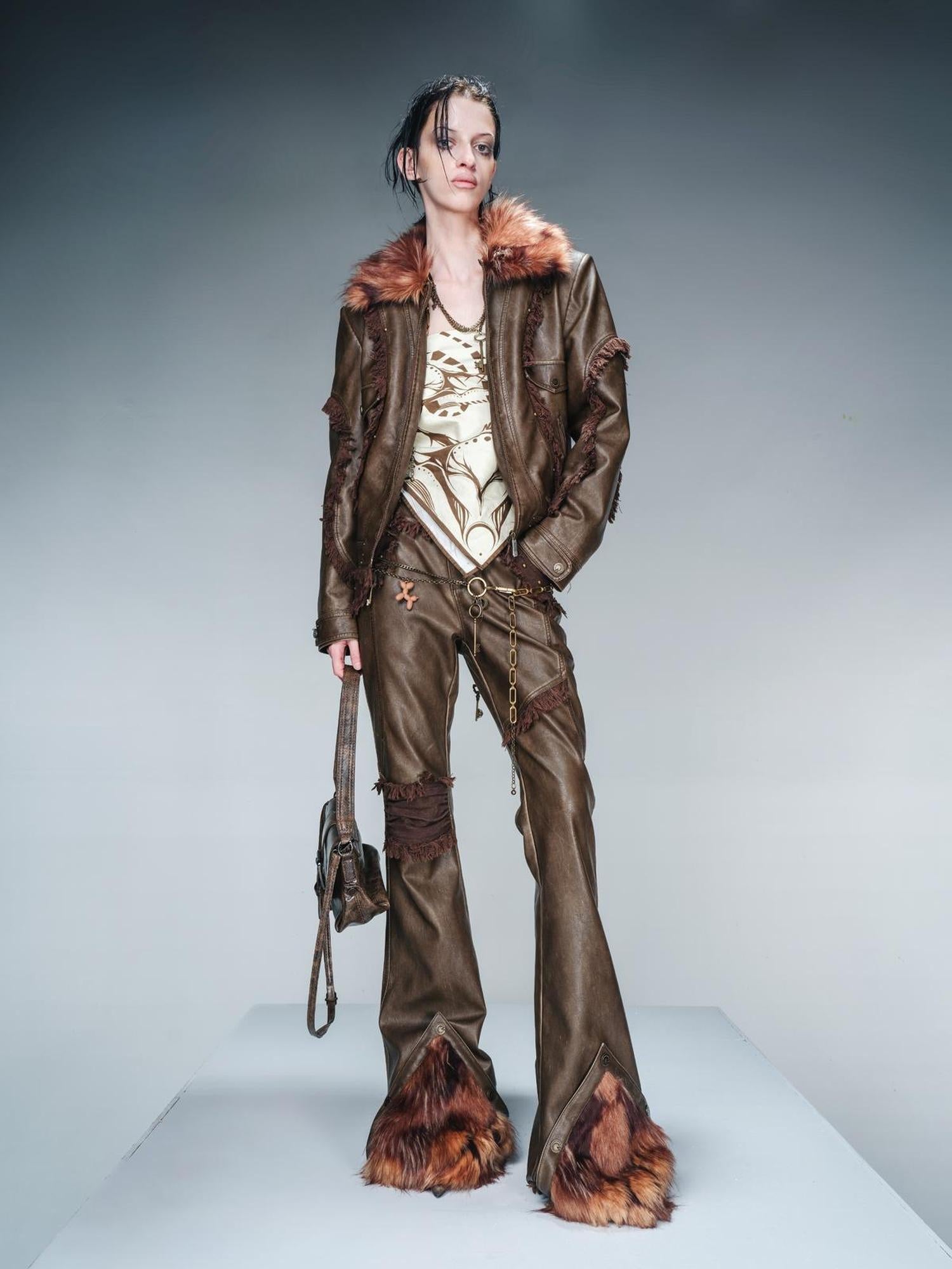 UpdateNN NORTH NODE Quilted Shearling Lined Detachable Fur Collar Leather Jacket