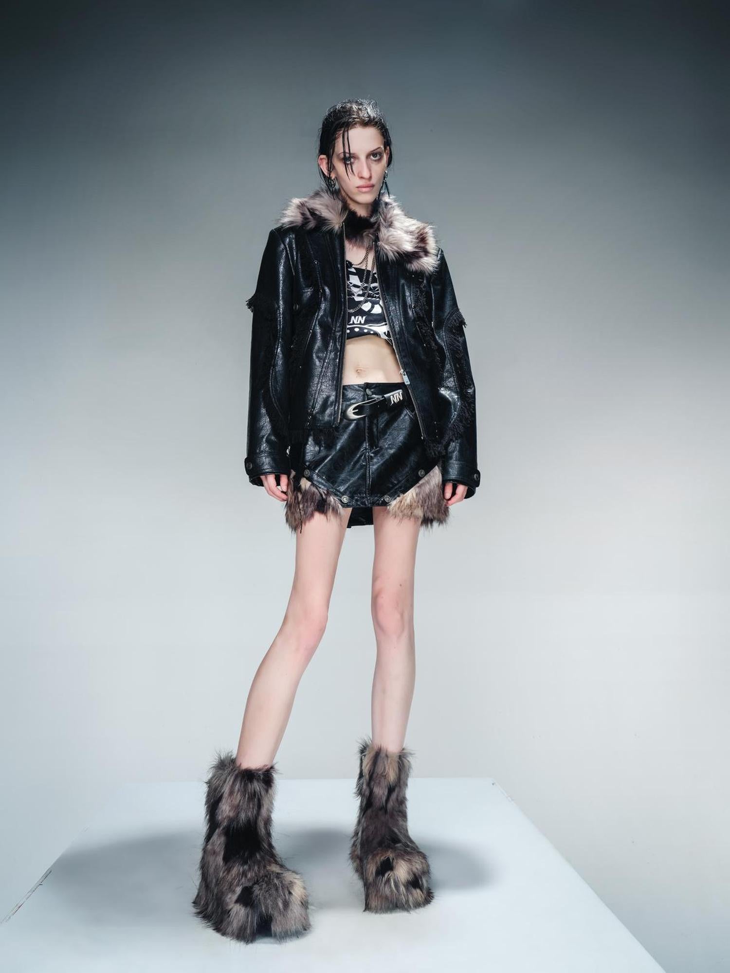UpdateNN NORTH NODE Quilted Shearling Lined Detachable Fur Collar Leather Jacket
