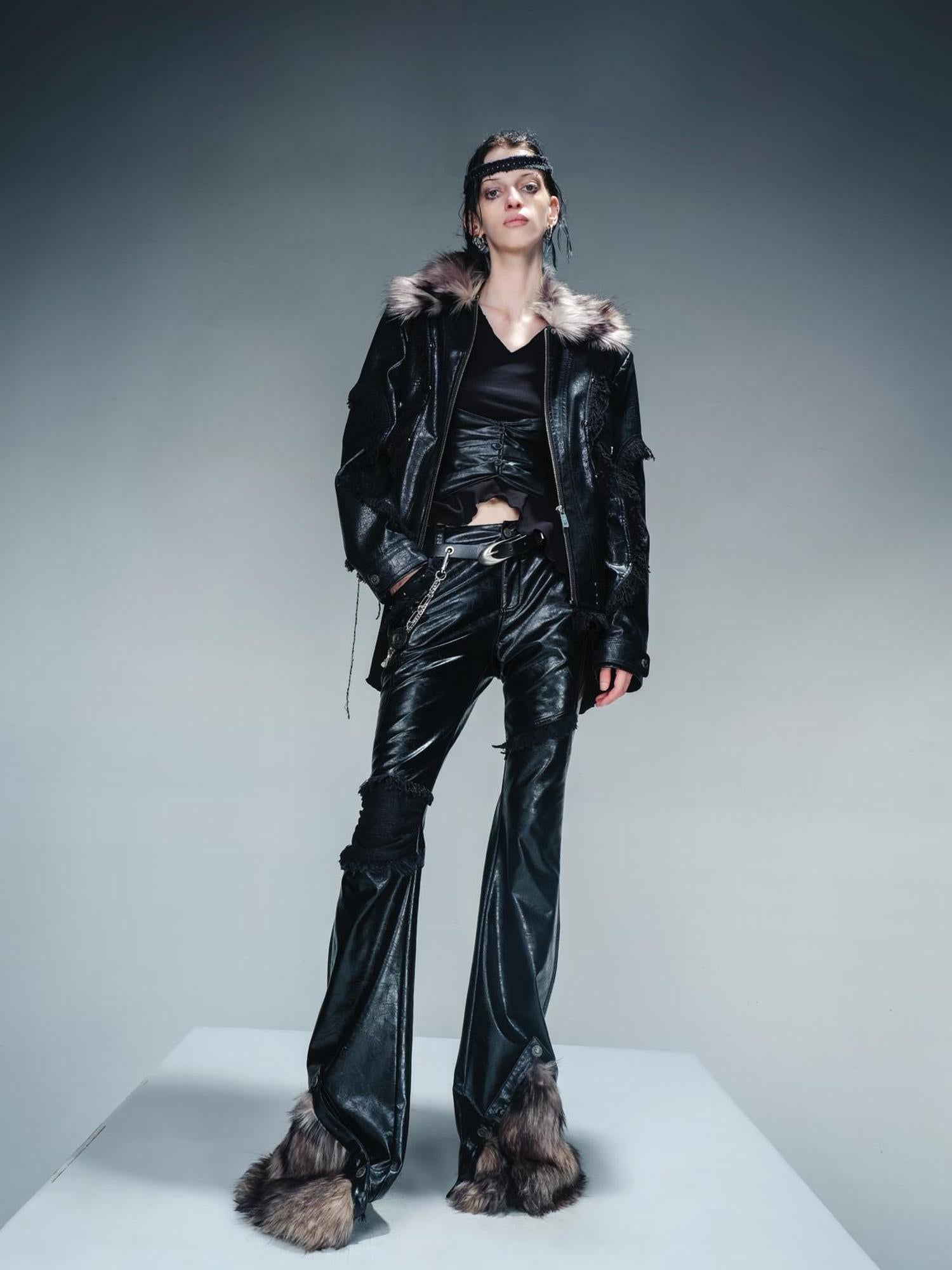 UpdateNN NORTH NODE Quilted Shearling Lined Detachable Fur Collar Leather Jacket