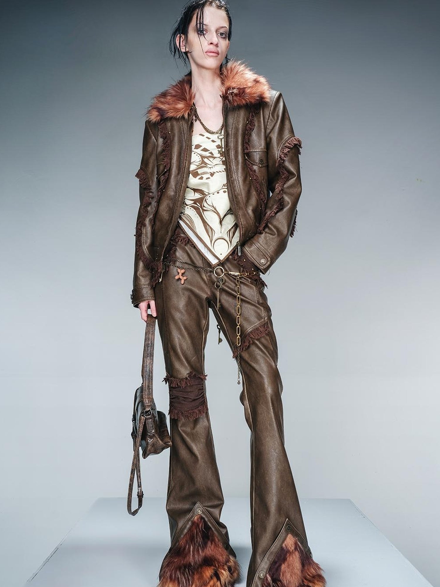 UpdateNN NORTH NODE Quilted Shearling Lined Detachable Fur Collar Leather Jacket