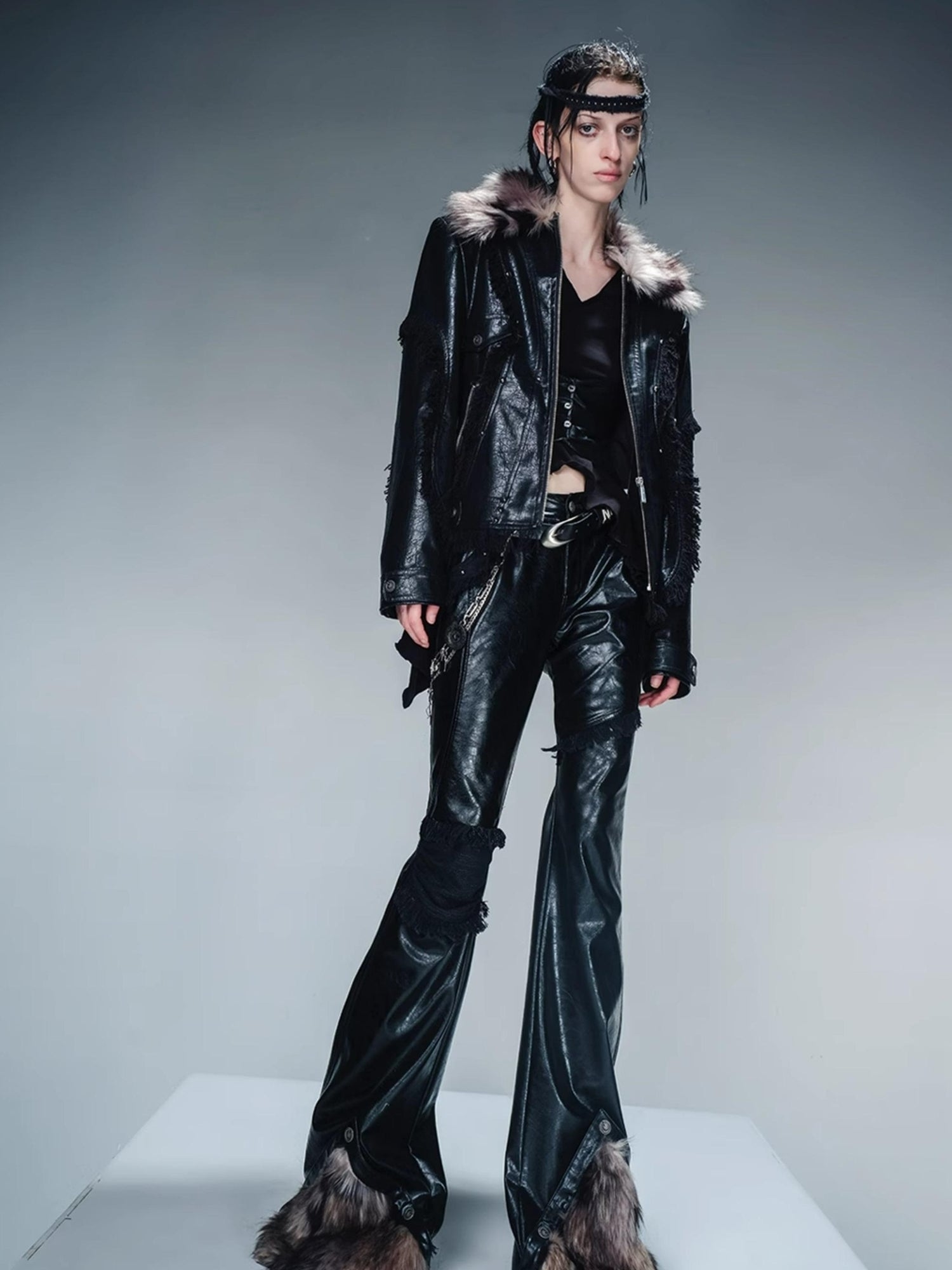 UpdateNN NORTH NODE Quilted Shearling Lined Detachable Fur Collar Leather Jacket