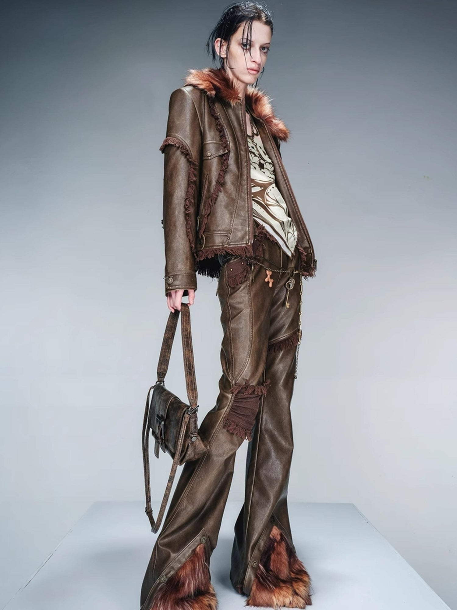 UpdateNN NORTH NODE Quilted Shearling Lined Detachable Fur Collar Leather Jacket