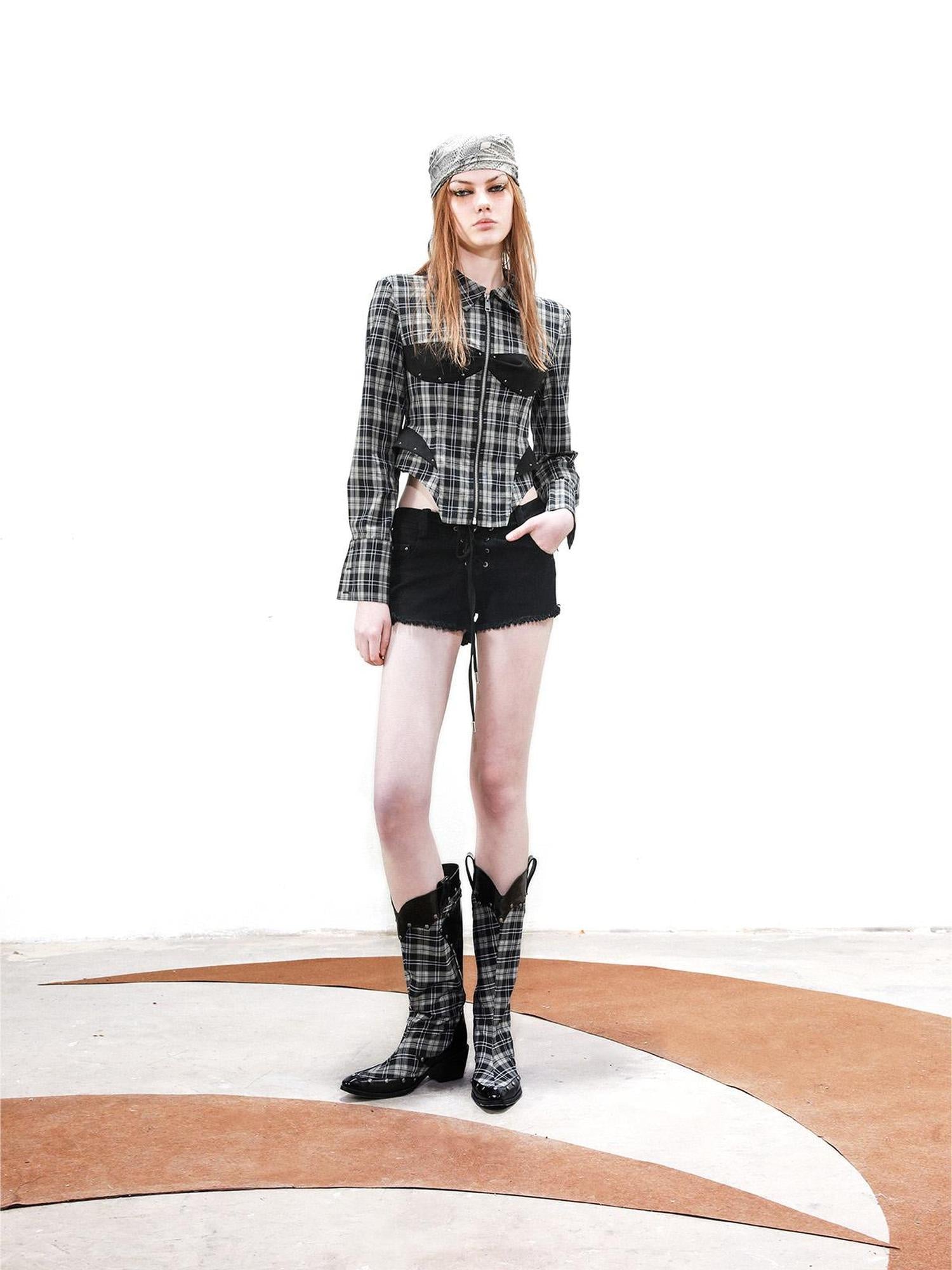 UpdateNN NORTH NODE Retro Checkered Patchwork Shirt With Faux Suede Detailing