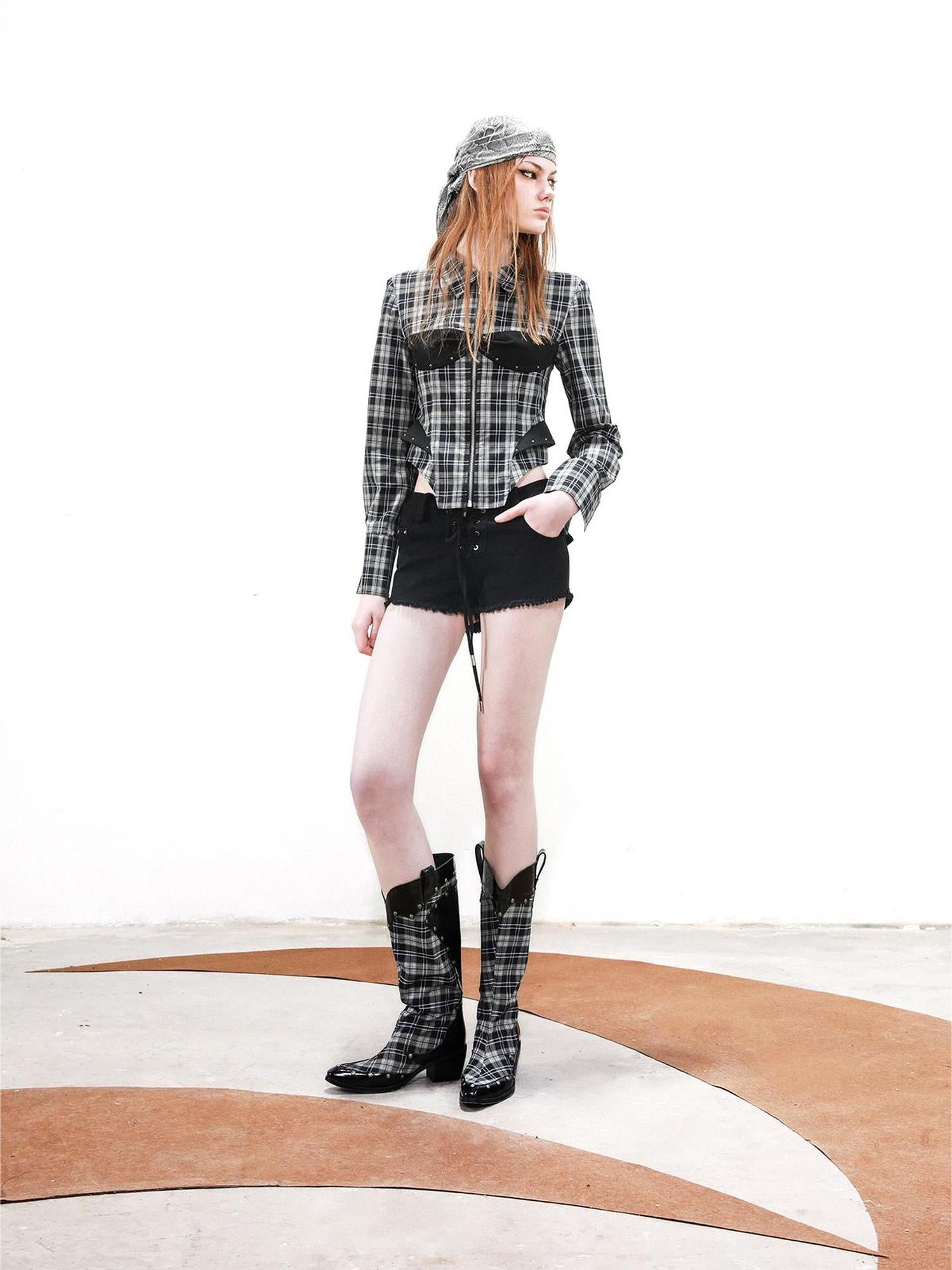 UpdateNN NORTH NODE Retro Checkered Patchwork Shirt With Faux Suede Detailing