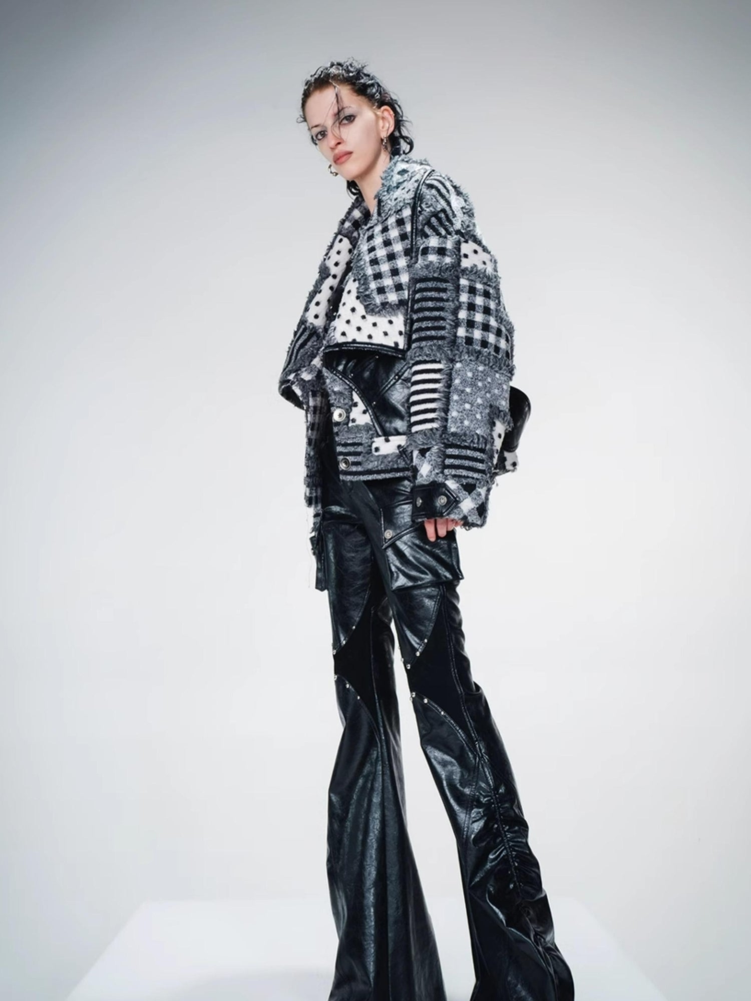 UpdateNN NORTH NODE Retro Patterned Quilted Tweed And Leather Short Jacket