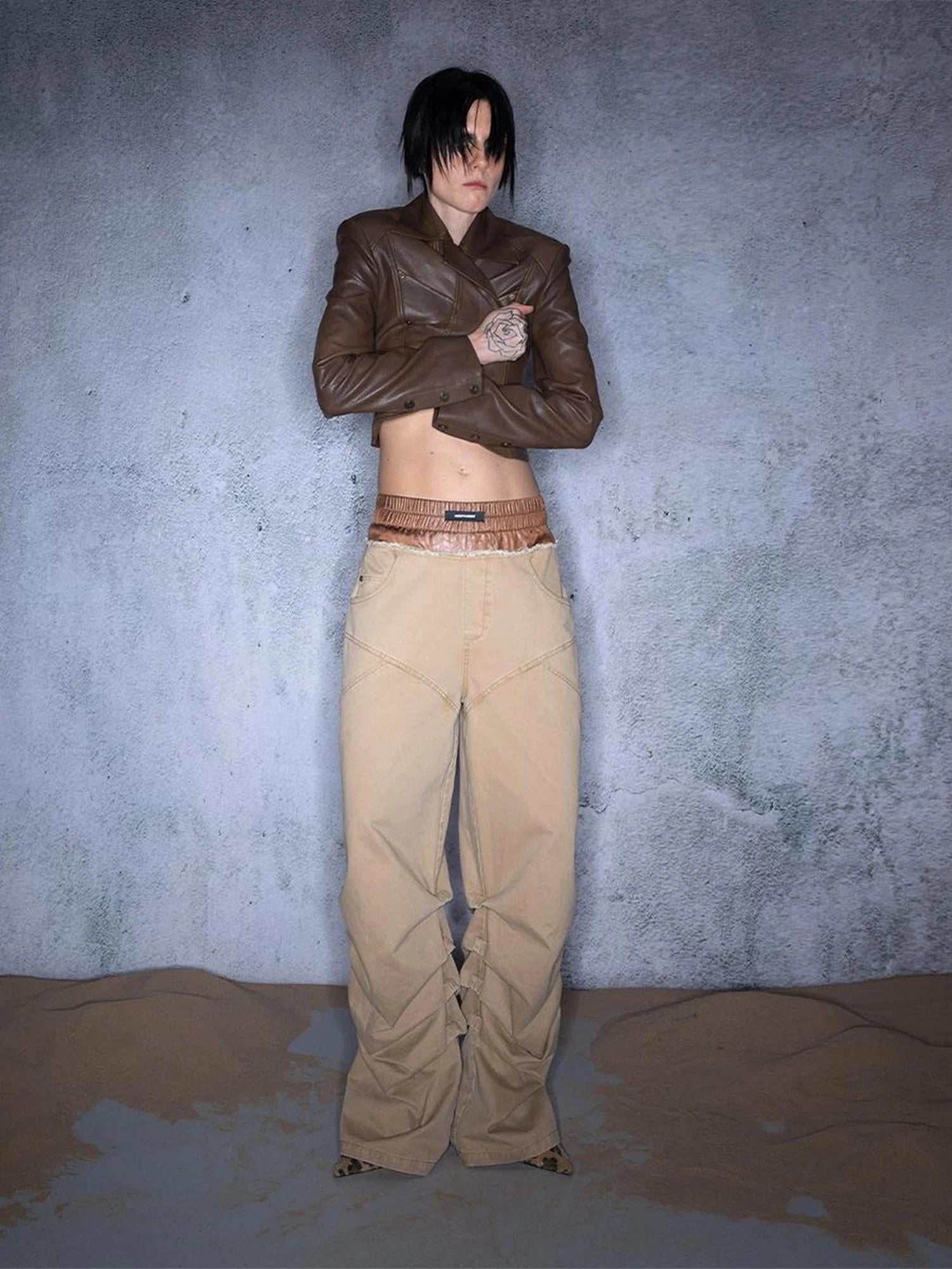 Ripple Overlap Washed Pleated Wide Leg Trousers