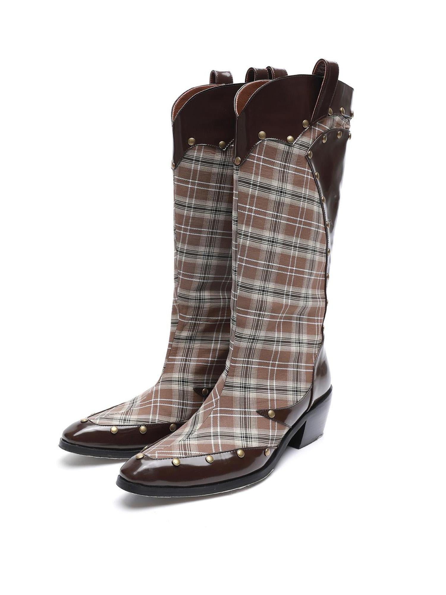 UpdateNN NORTH NODE Rivet Studded Checkered Mid Calf Boots
