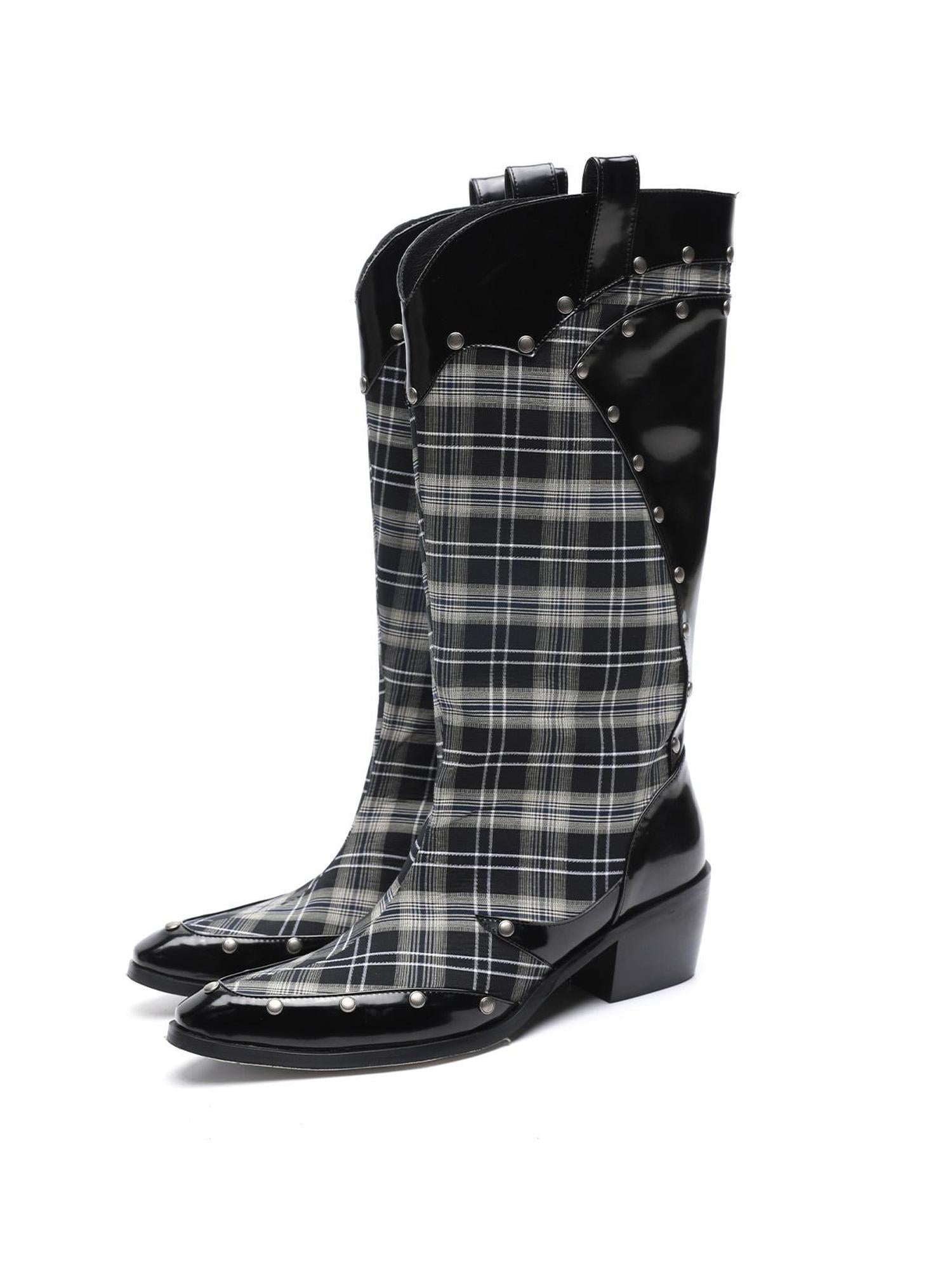UpdateNN NORTH NODE Rivet Studded Checkered Mid Calf Boots