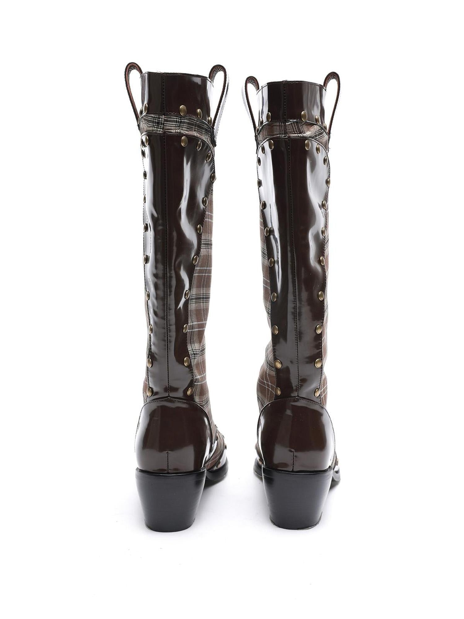 UpdateNN NORTH NODE Rivet Studded Checkered Mid Calf Boots