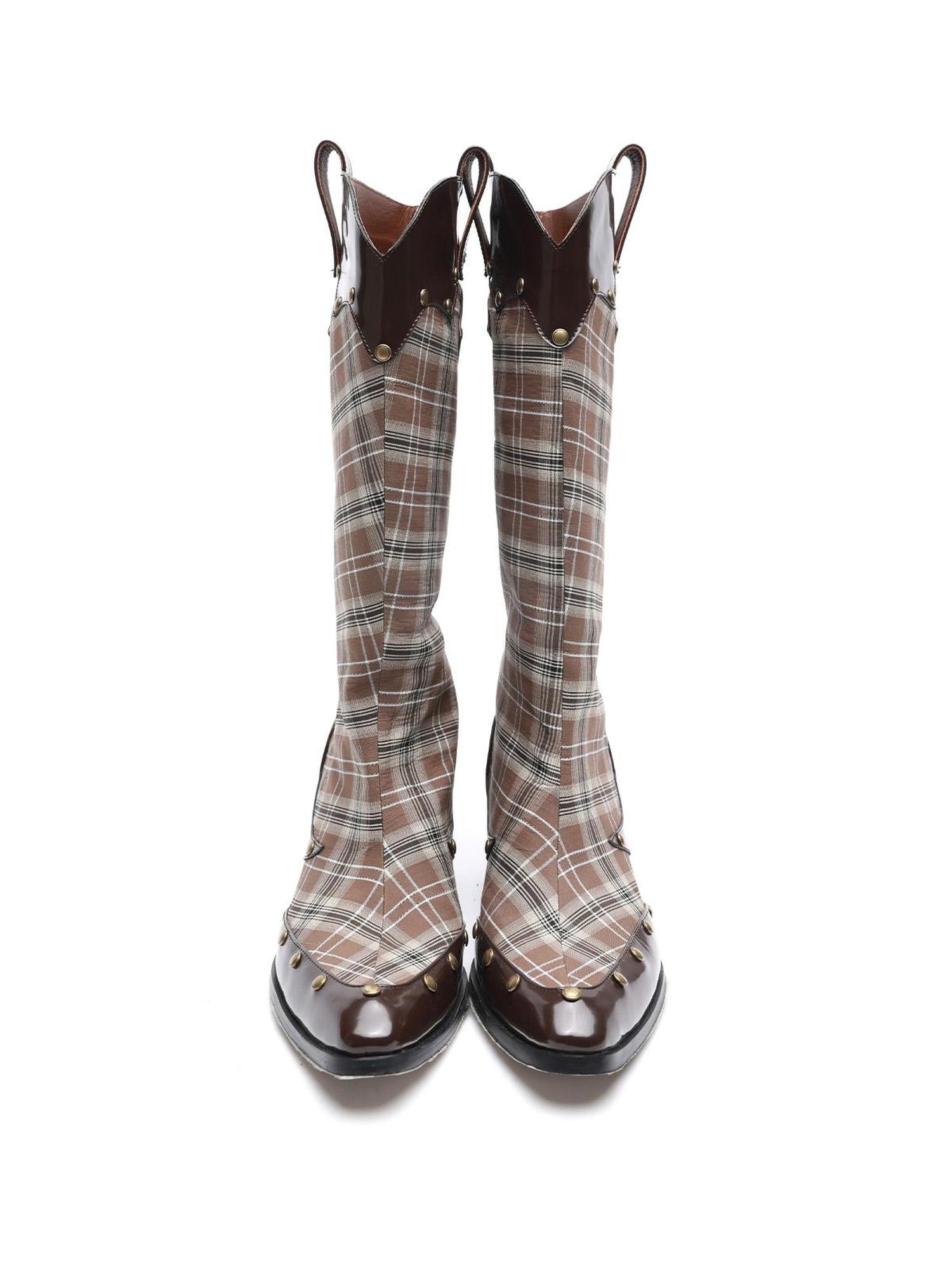 UpdateNN NORTH NODE Rivet Studded Checkered Mid Calf Boots