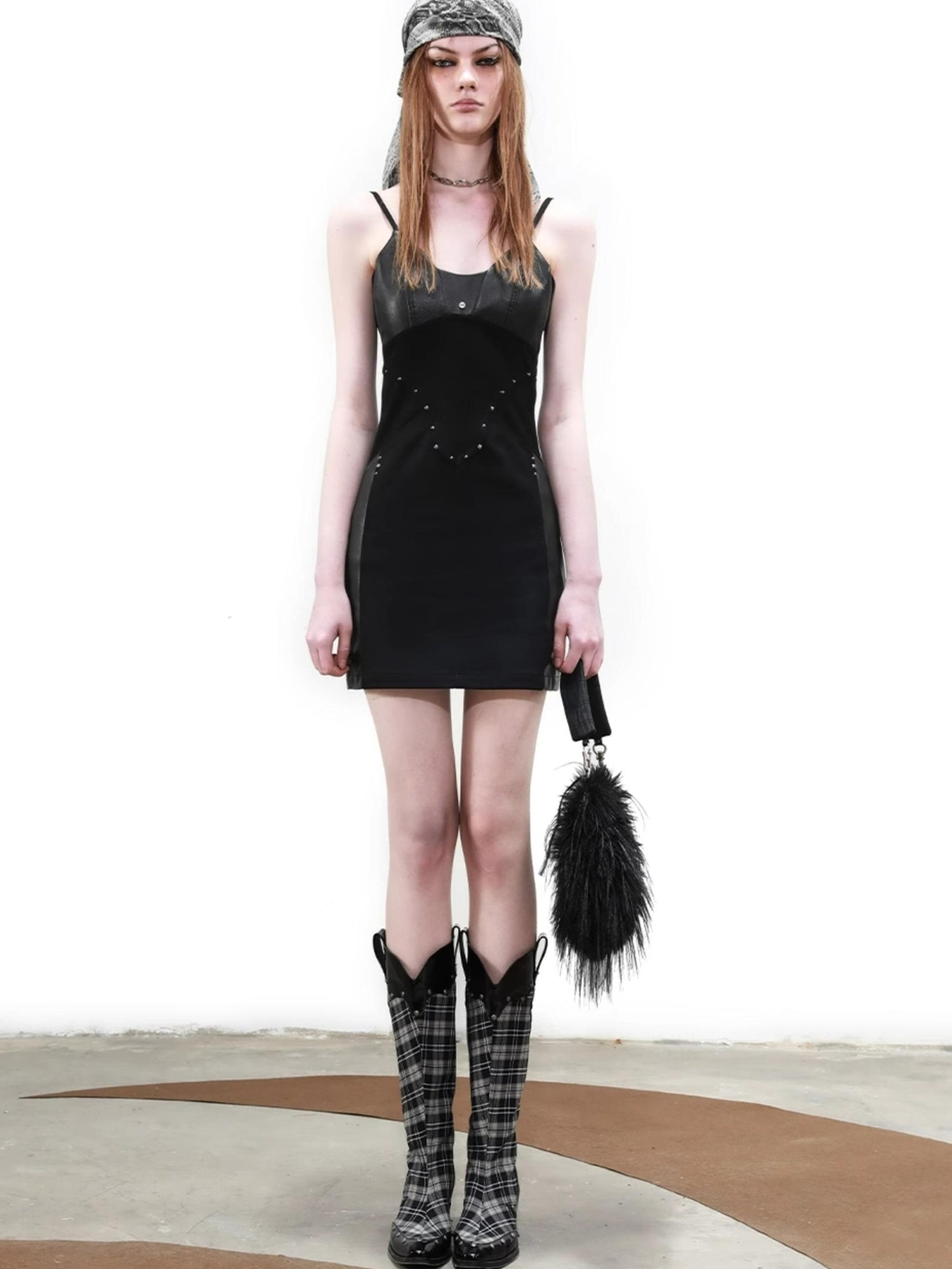 UpdateNN NORTH NODE Rivet Studded Checkered Mid Calf Boots