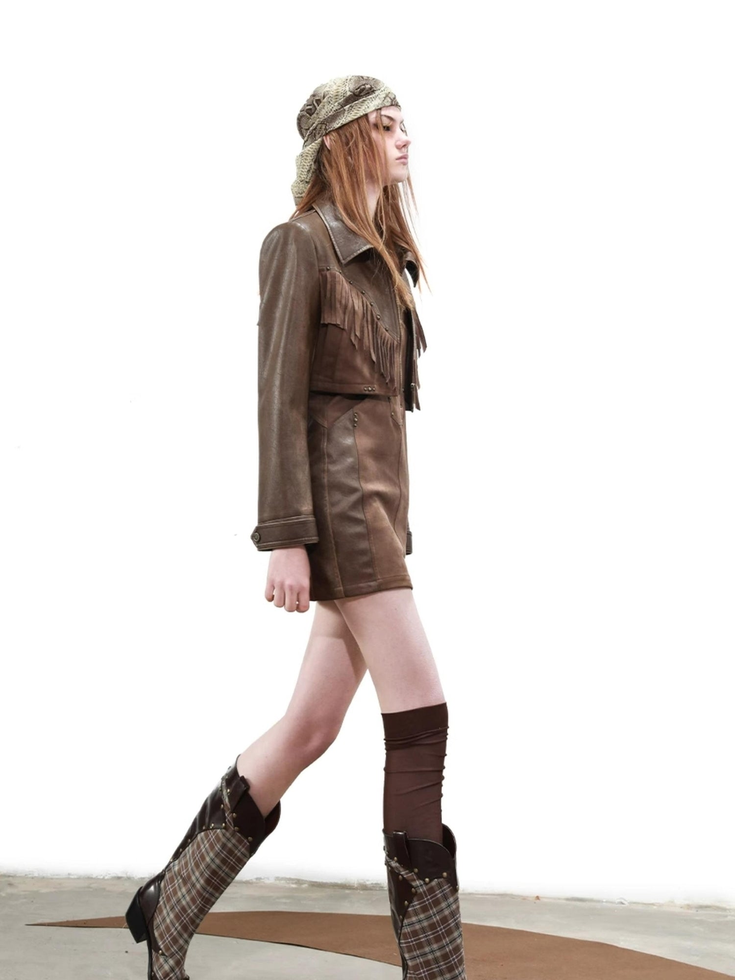 UpdateNN NORTH NODE Rivet Studded Checkered Mid Calf Boots