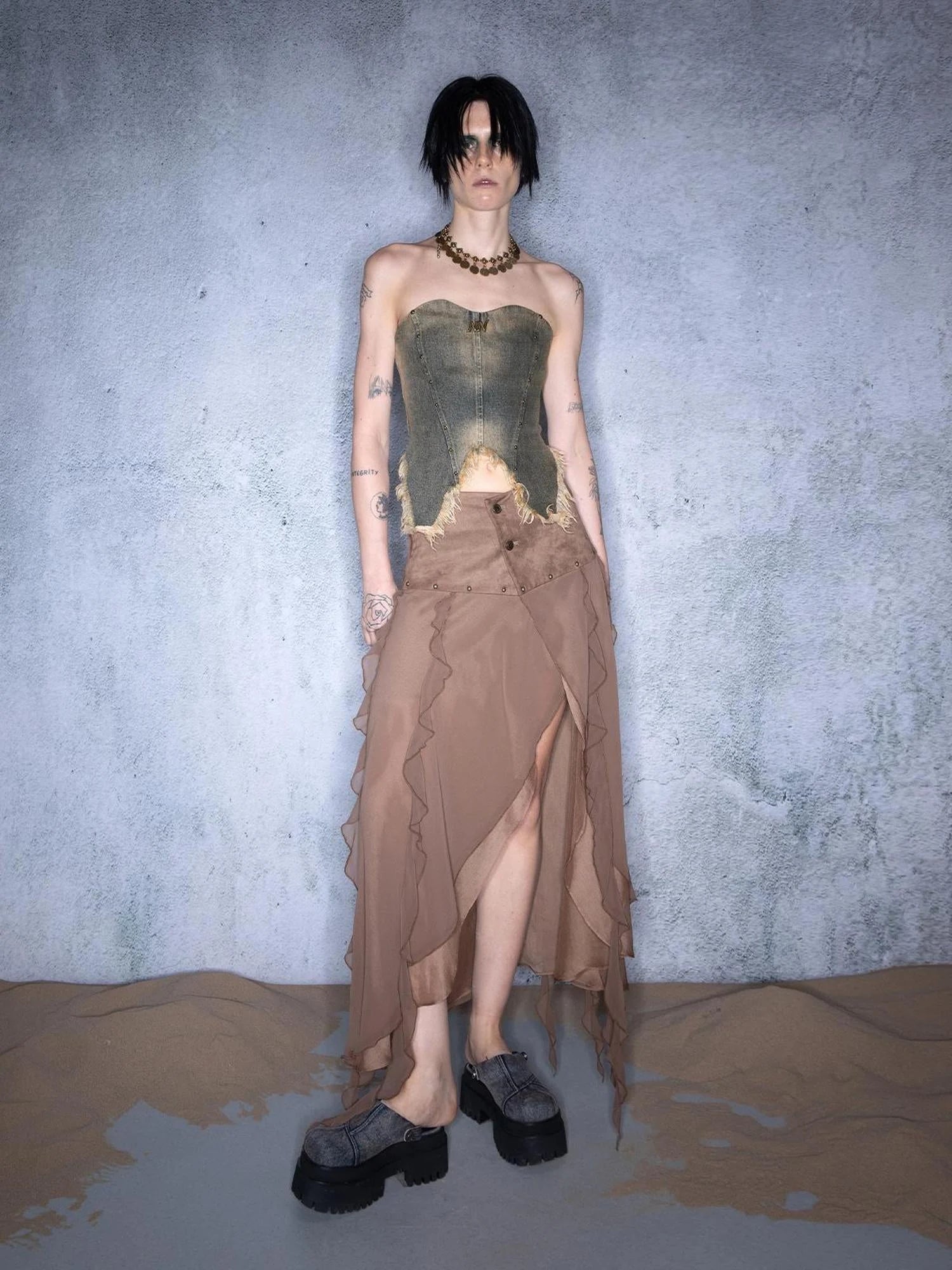 Riveted Distressed Denim Bandeau Top