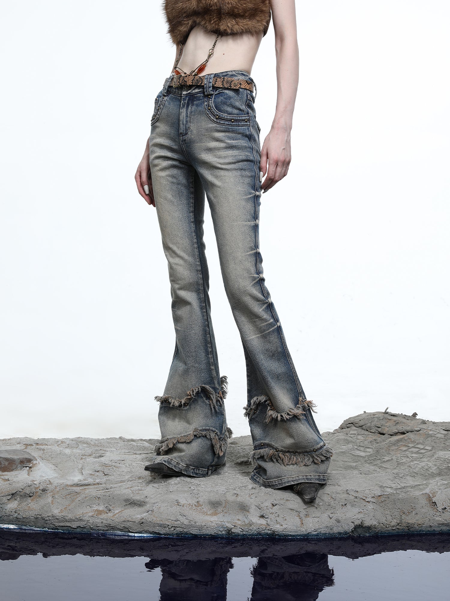 NN NORTH NODE Ruffle Wash Flared Denim Trousers