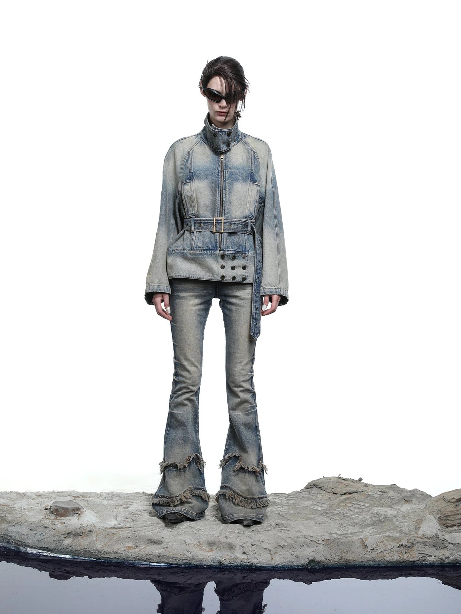 Ruffle Wash Flared Denim Trousers