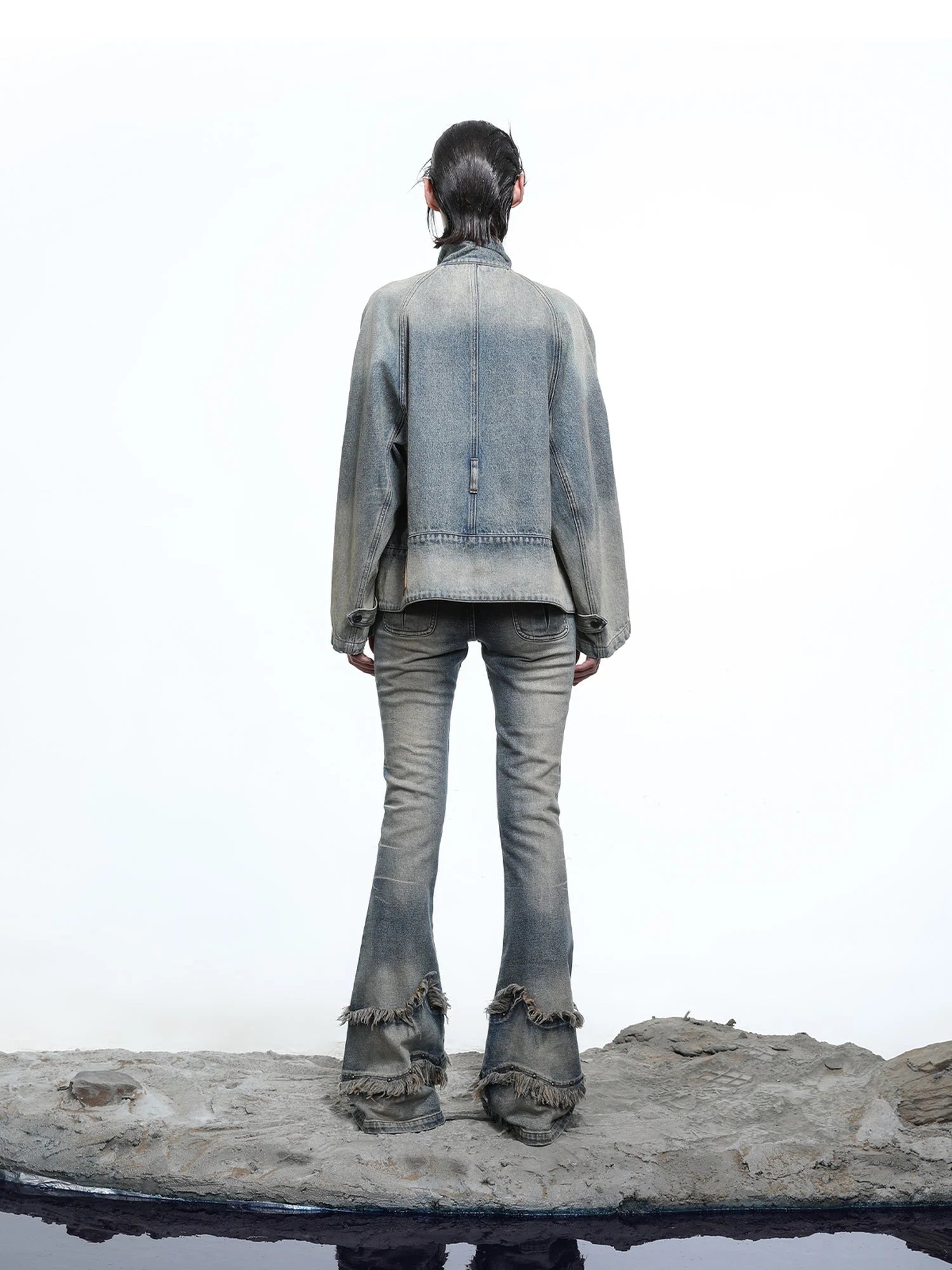 Ruffle Wash Flared Denim Trousers