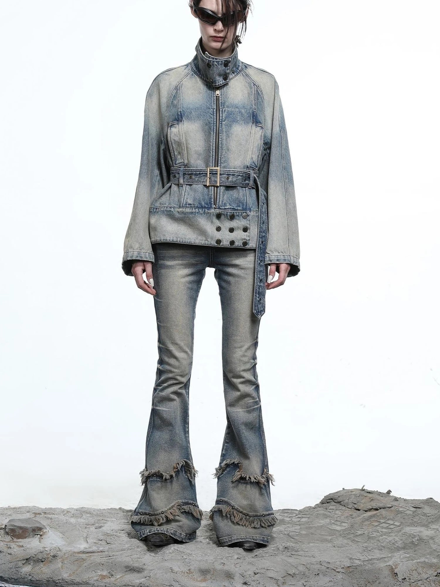 Ruffle Wash Flared Denim Trousers