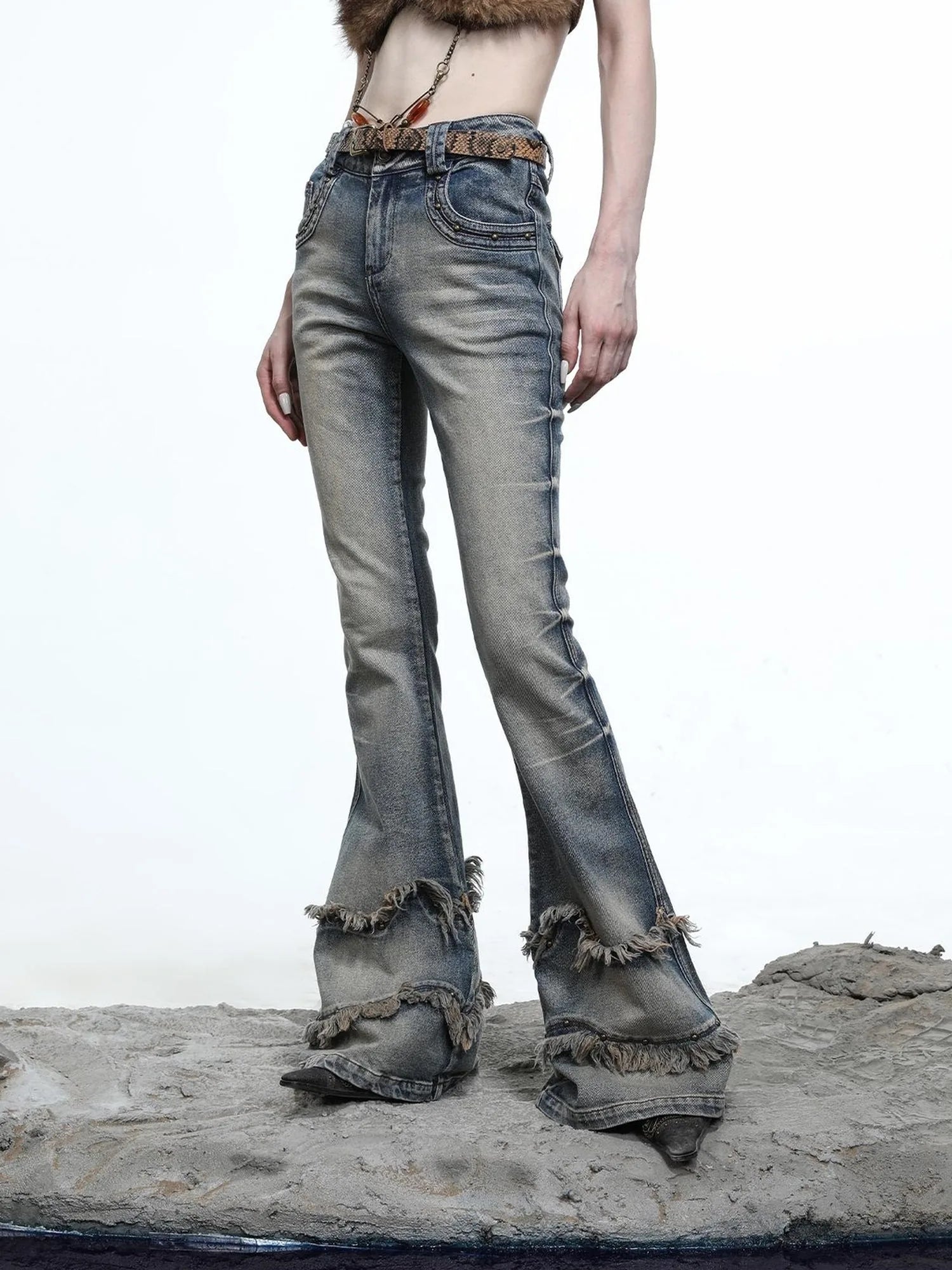 Ruffle Wash Flared Denim Trousers