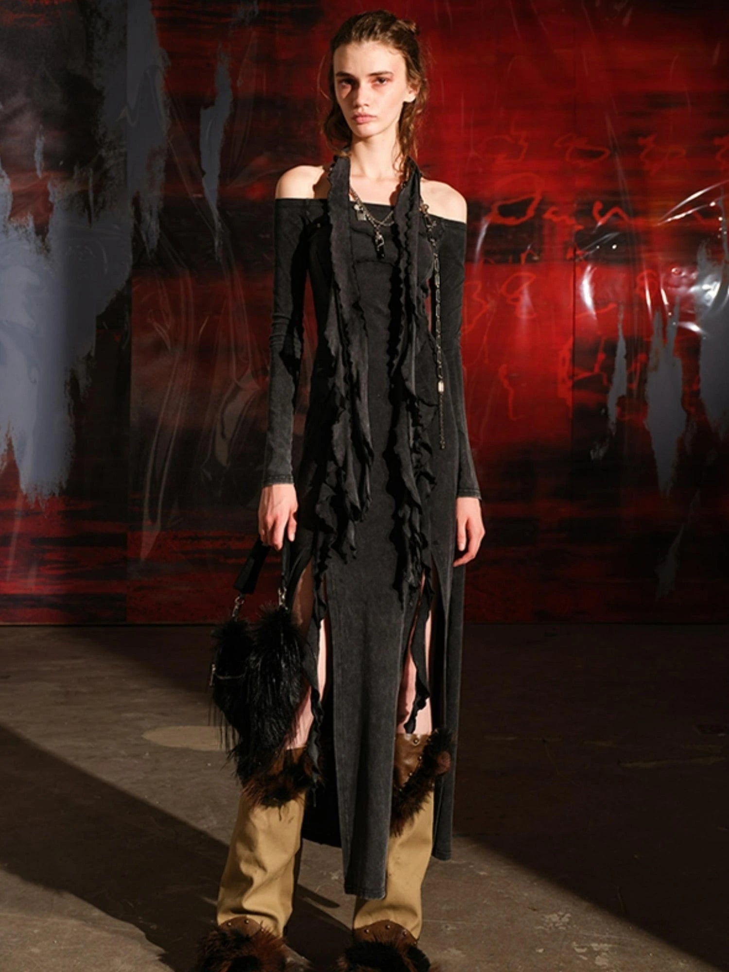 Ruffled Off Shoulder Dress with Layered Hem