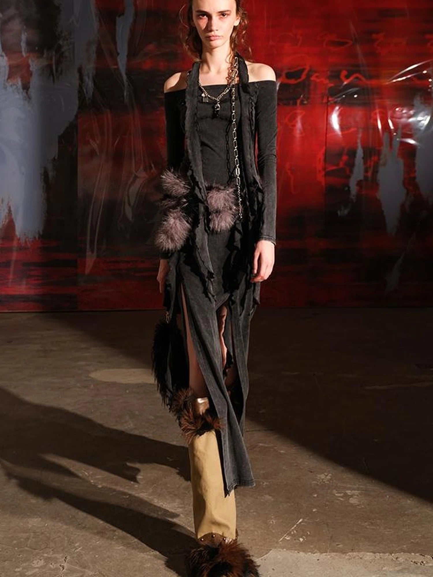 Ruffled Off Shoulder Dress with Layered Hem