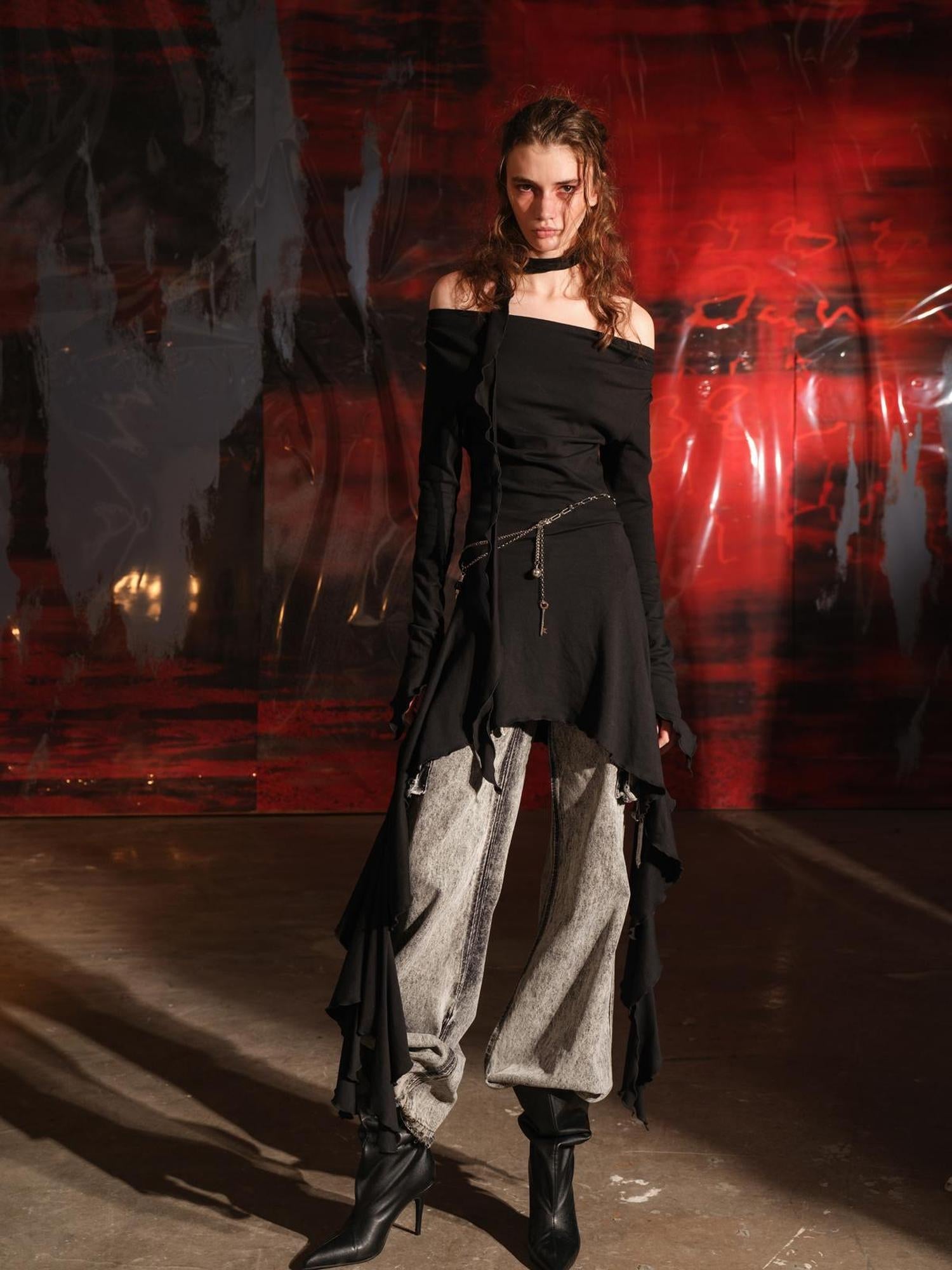 UpdateNN NORTH NODE Ruffled Wave Hem Asymmetrical Dress With Collar