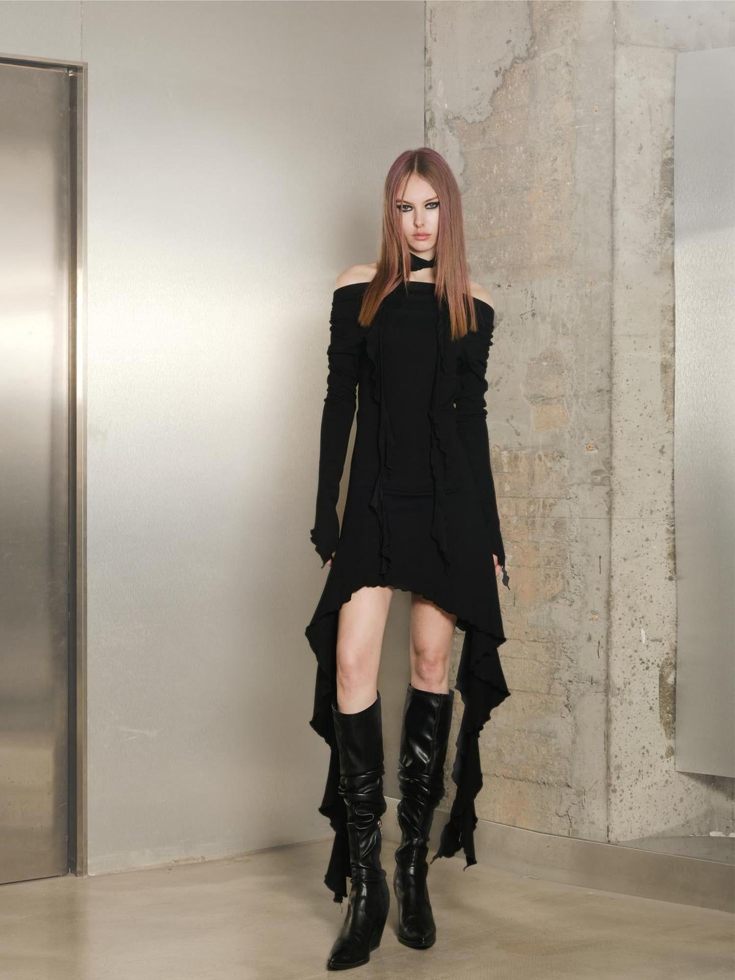 UpdateNN NORTH NODE Ruffled Wave Hem Asymmetrical Dress With Collar