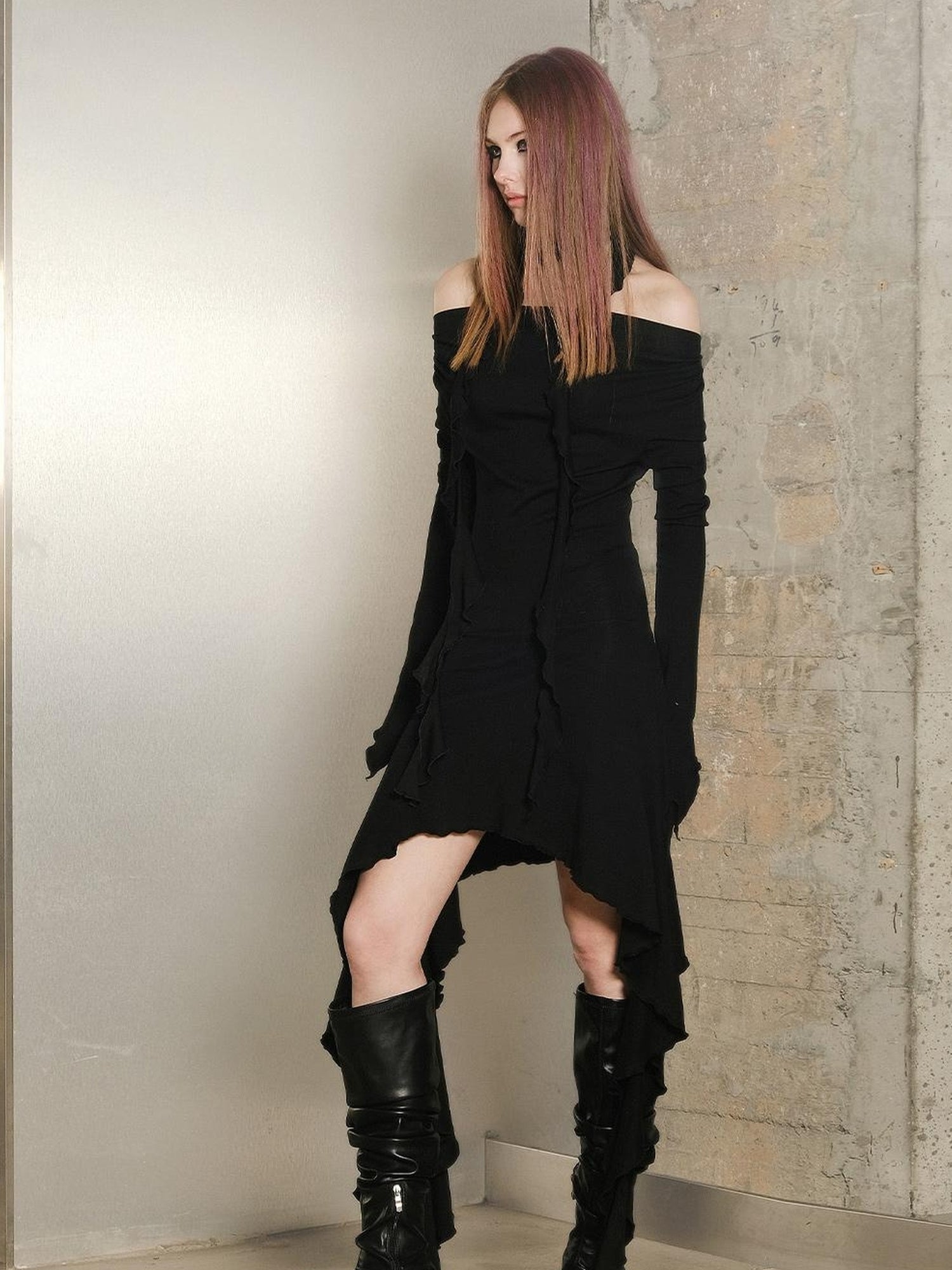 UpdateNN NORTH NODE Ruffled Wave Hem Asymmetrical Dress With Collar