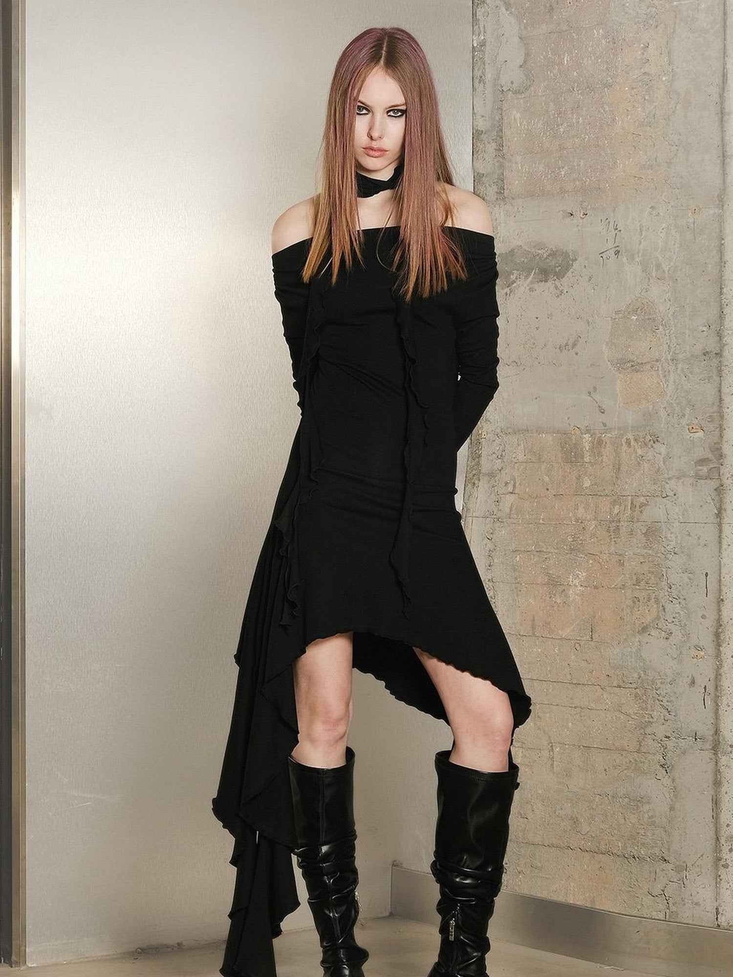 UpdateNN NORTH NODE Ruffled Wave Hem Asymmetrical Dress With Collar