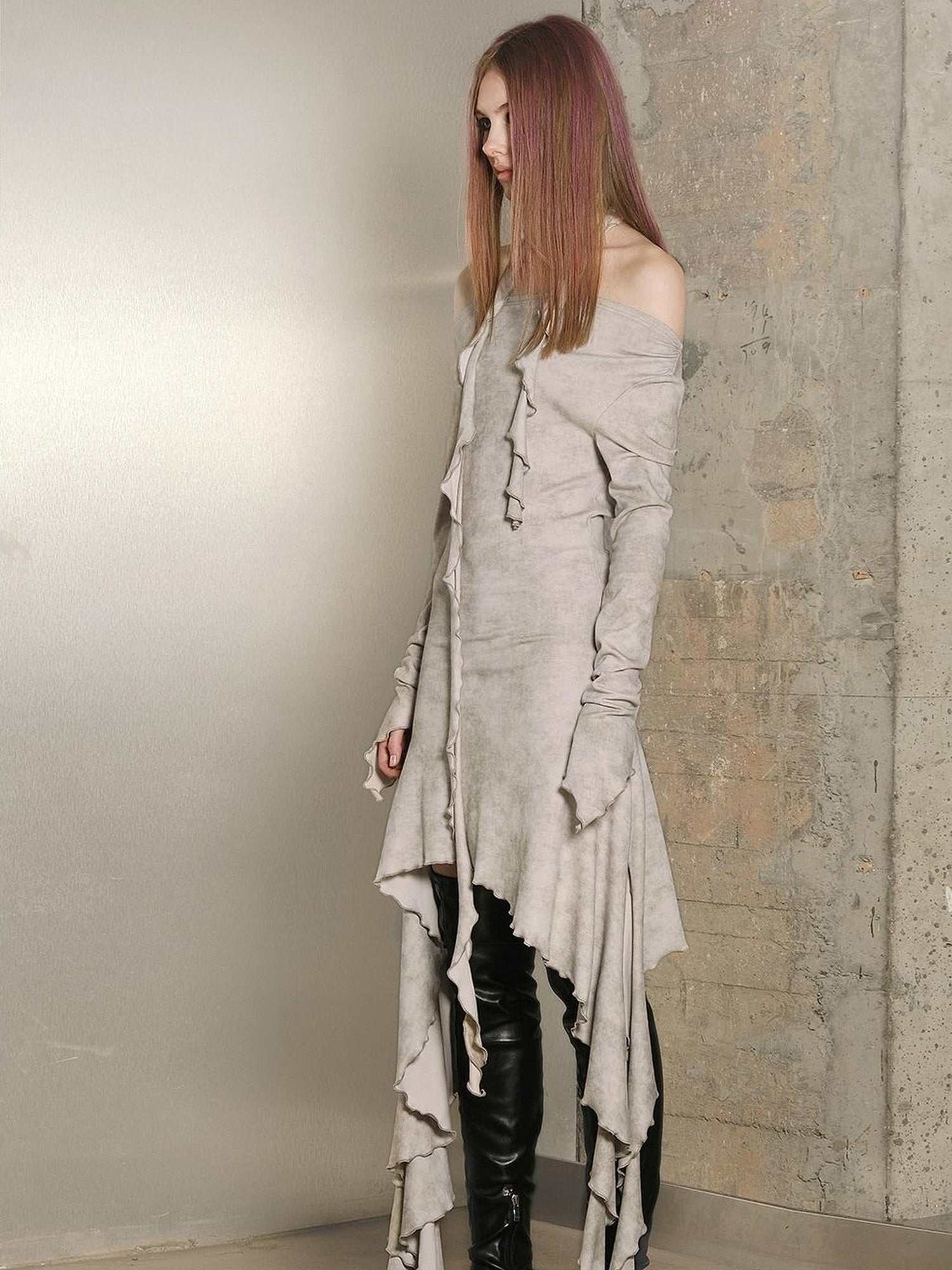 UpdateNN NORTH NODE Ruffled Wave Hem Asymmetrical Dress With Collar