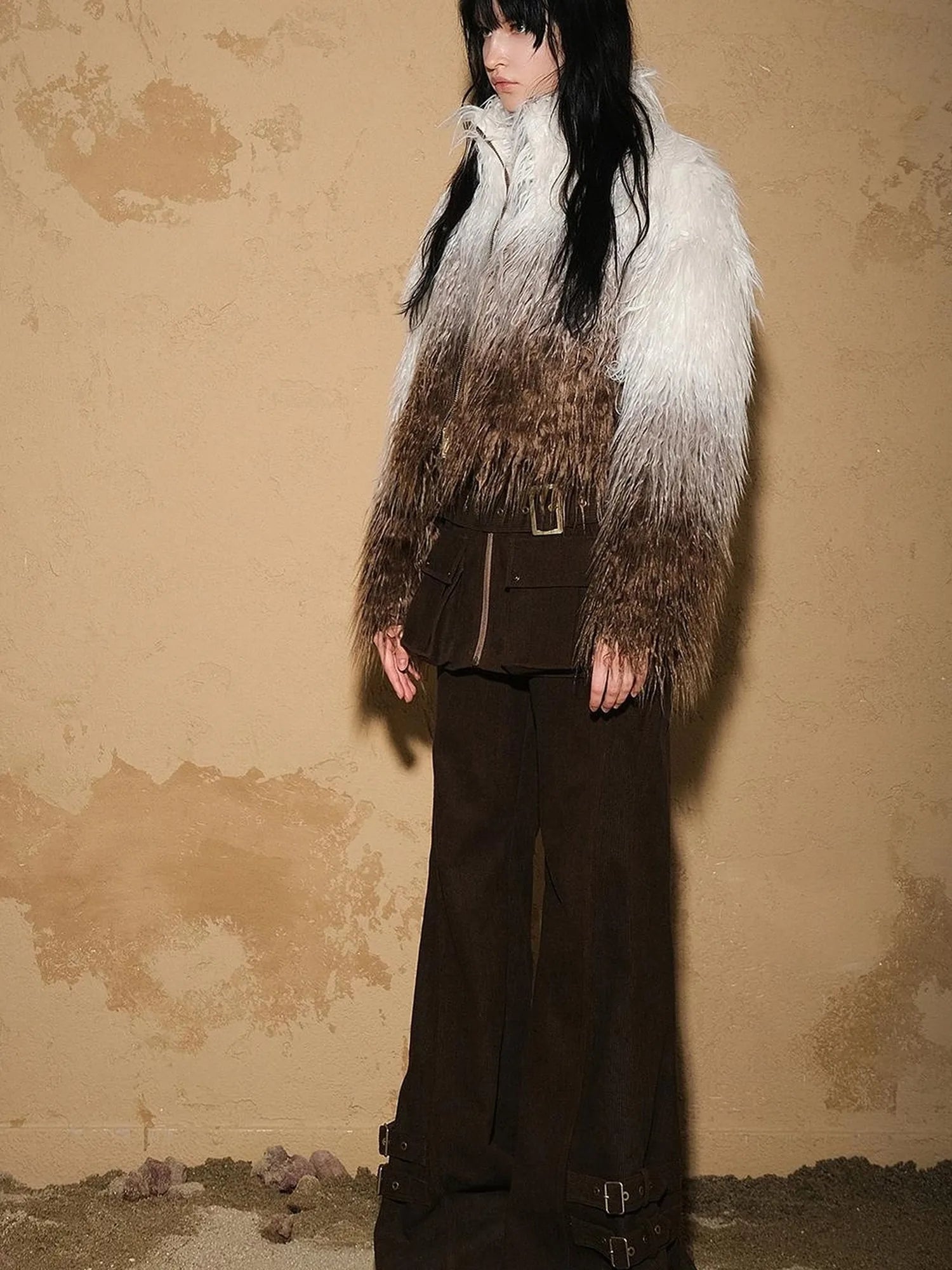 Sand City Gradient Fuzzy Coat V-neck T-shirt Long Sleeve