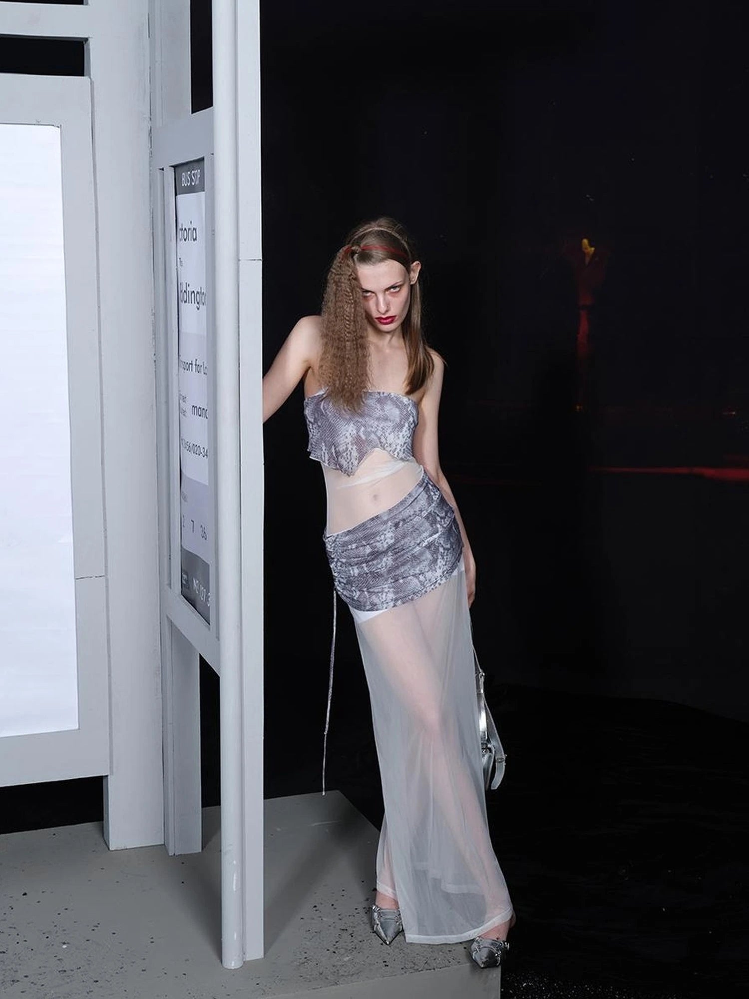 Sheer Mesh Paneled Dress V-neck T-shirt Long Sleeve