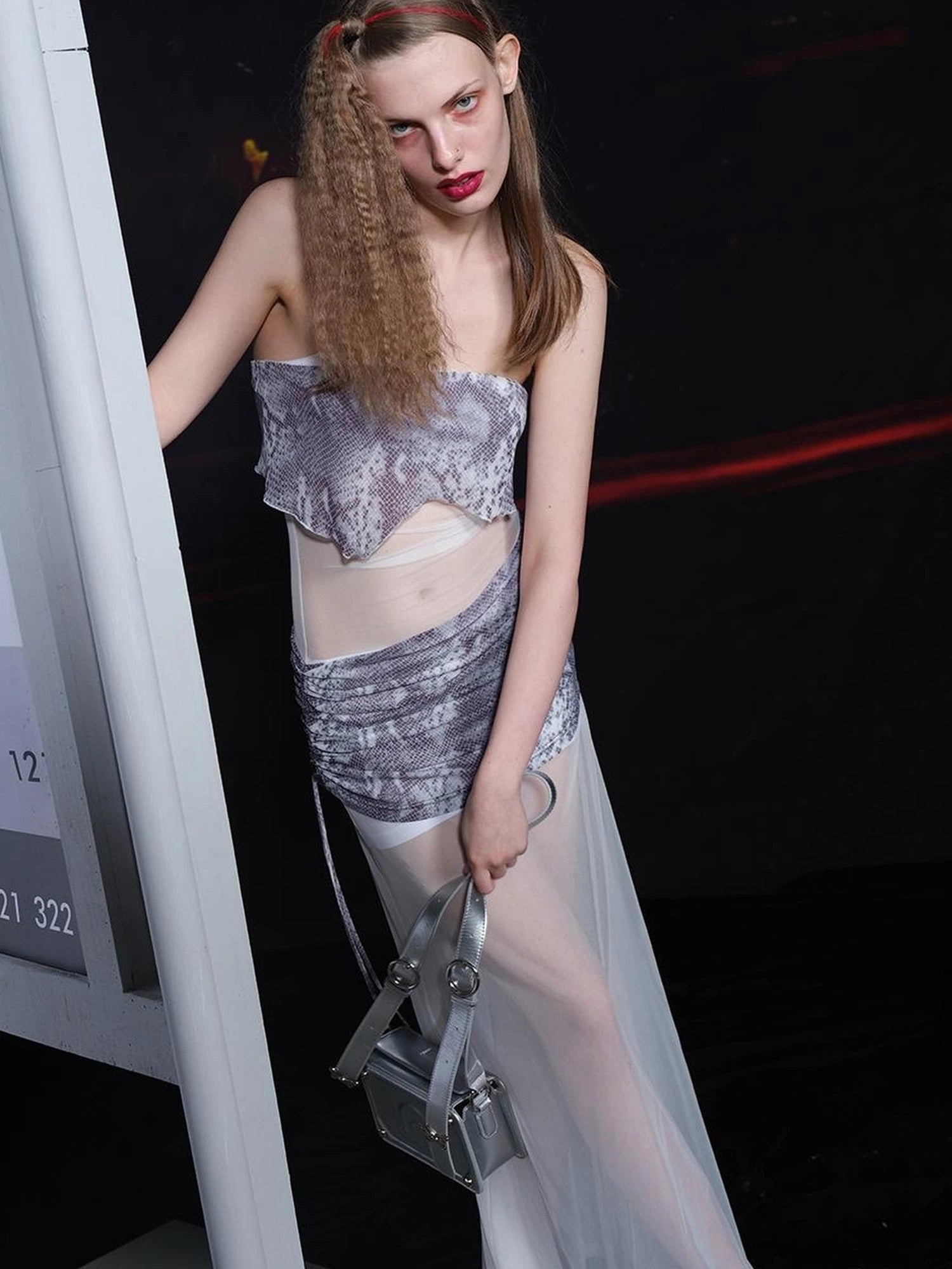 Sheer Mesh Paneled Dress V-neck T-shirt Long Sleeve