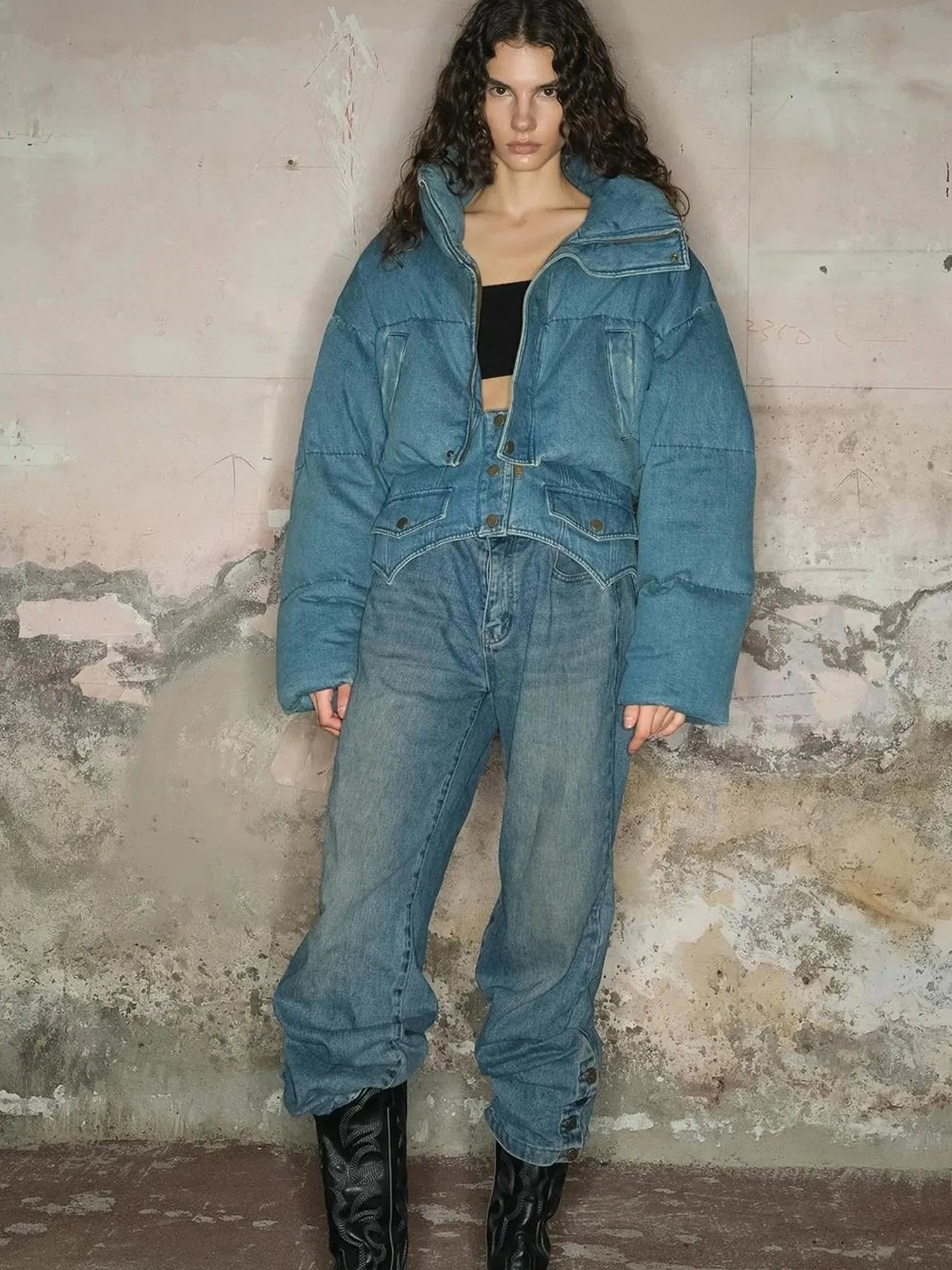 Short Puffer Jacket With 90 White Duck Down In Denim Style