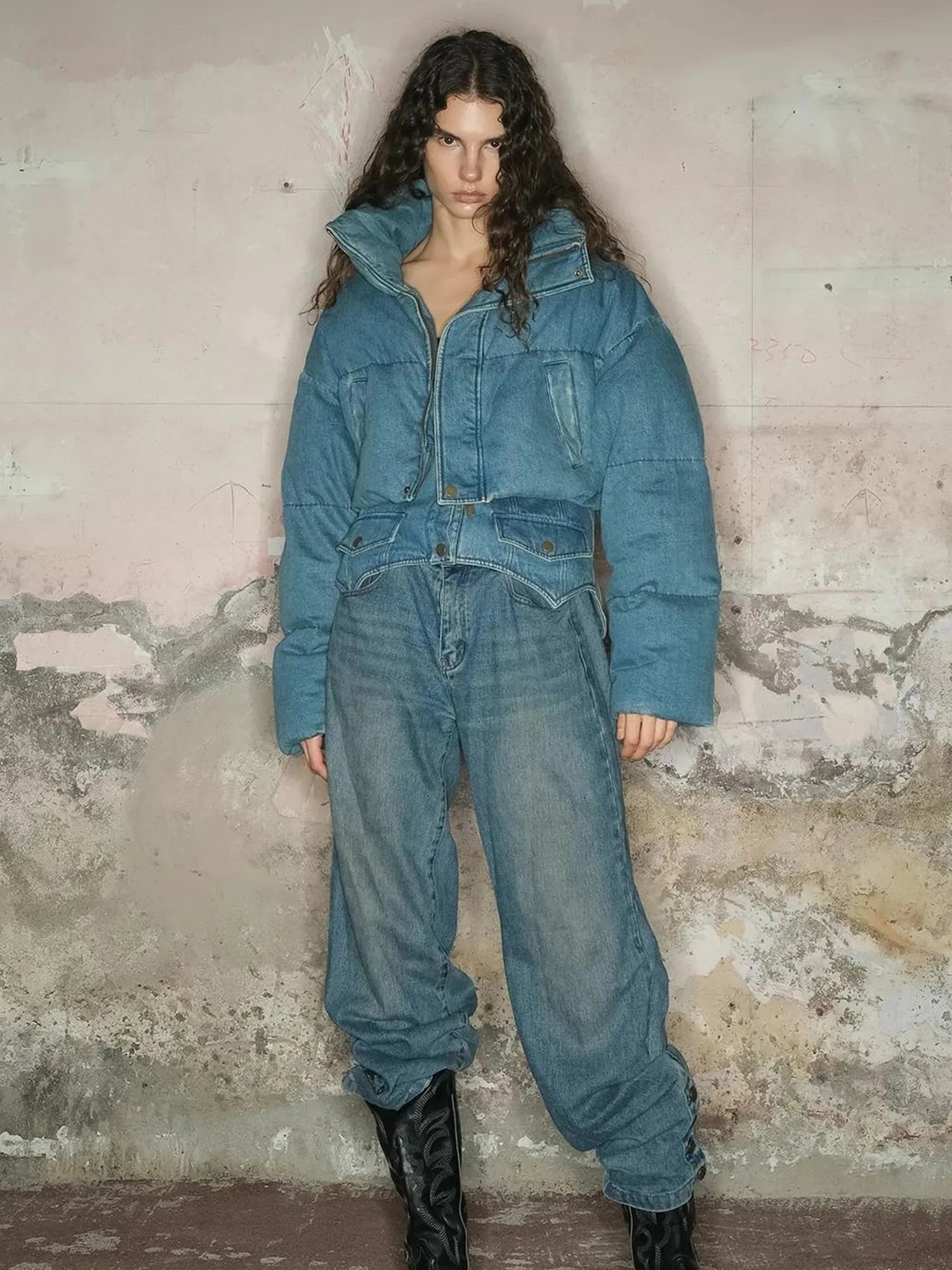 Short Puffer Jacket With 90 White Duck Down In Denim Style