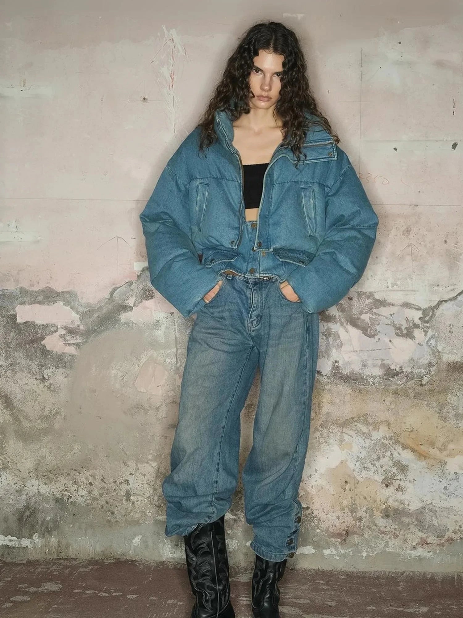 Short Puffer Jacket With 90 White Duck Down In Denim Style
