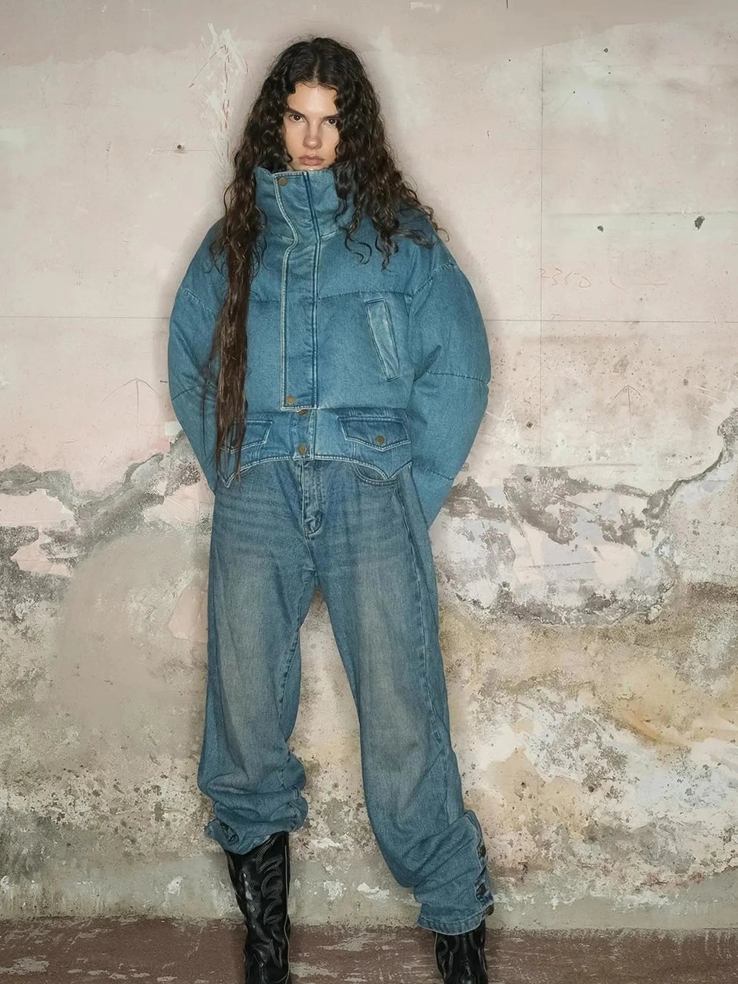 Short Puffer Jacket With 90 White Duck Down In Denim Style