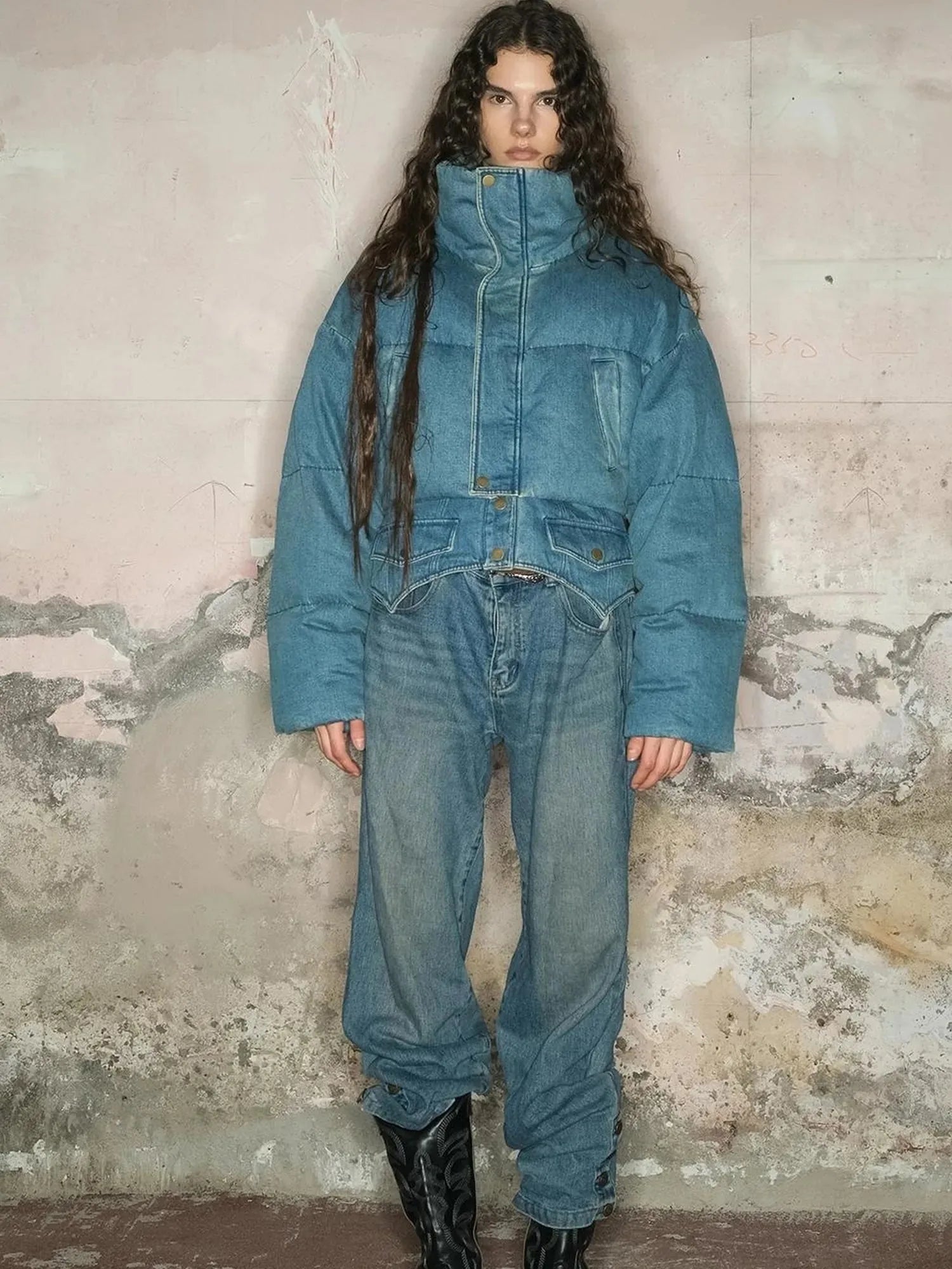 Short Puffer Jacket With 90 White Duck Down In Denim Style