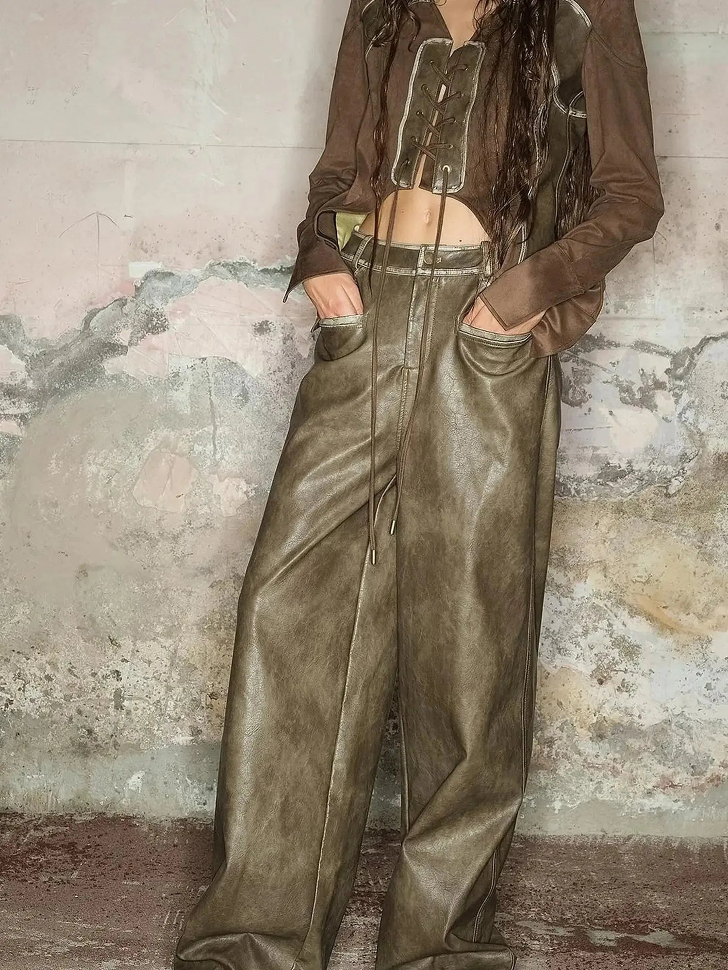 Straight Leg Faded Wide Cuff Leather Pants