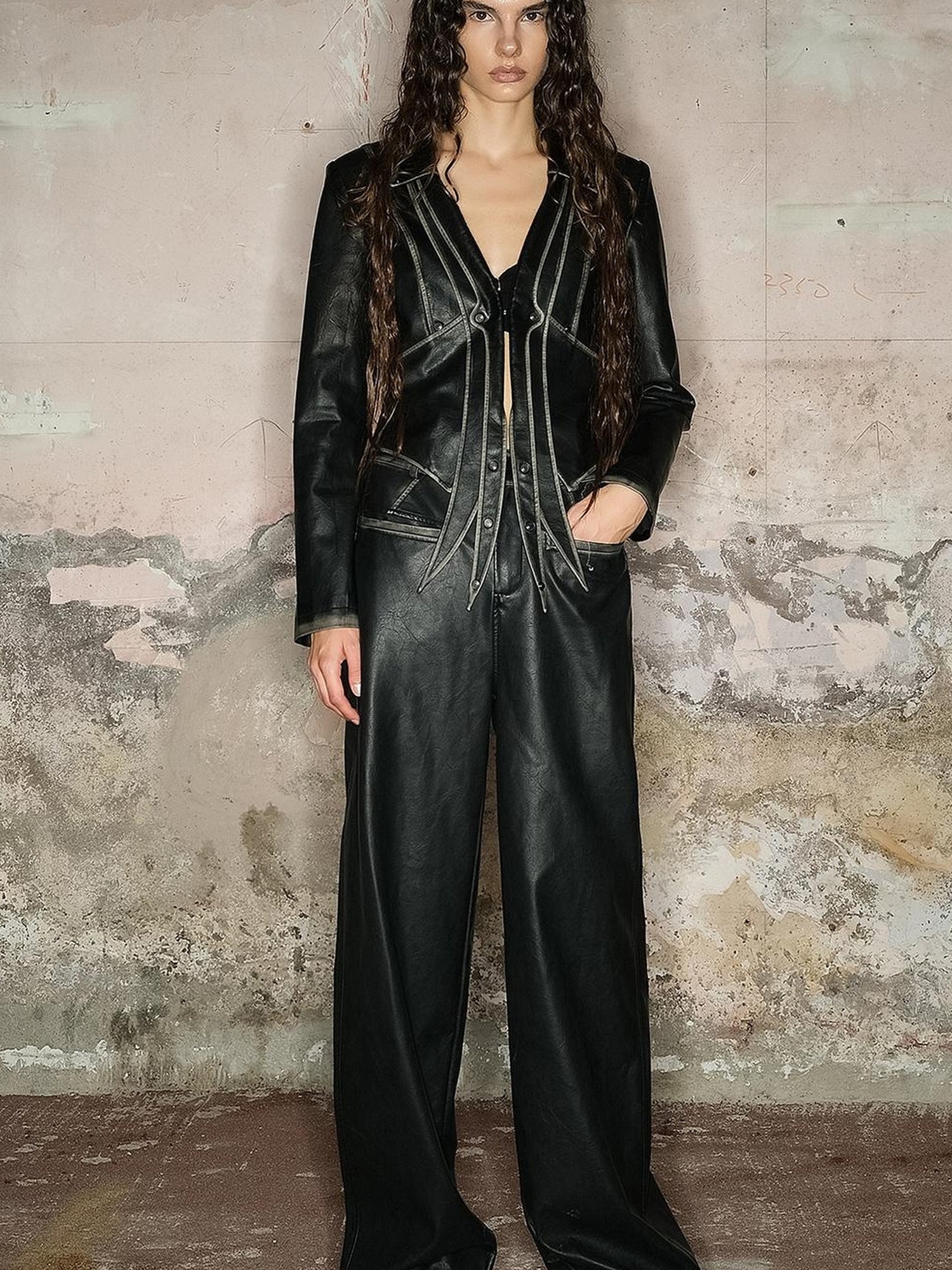 UpdateNN NORTH NODE Straight Leg Faded Wide Cuff Leather Pants