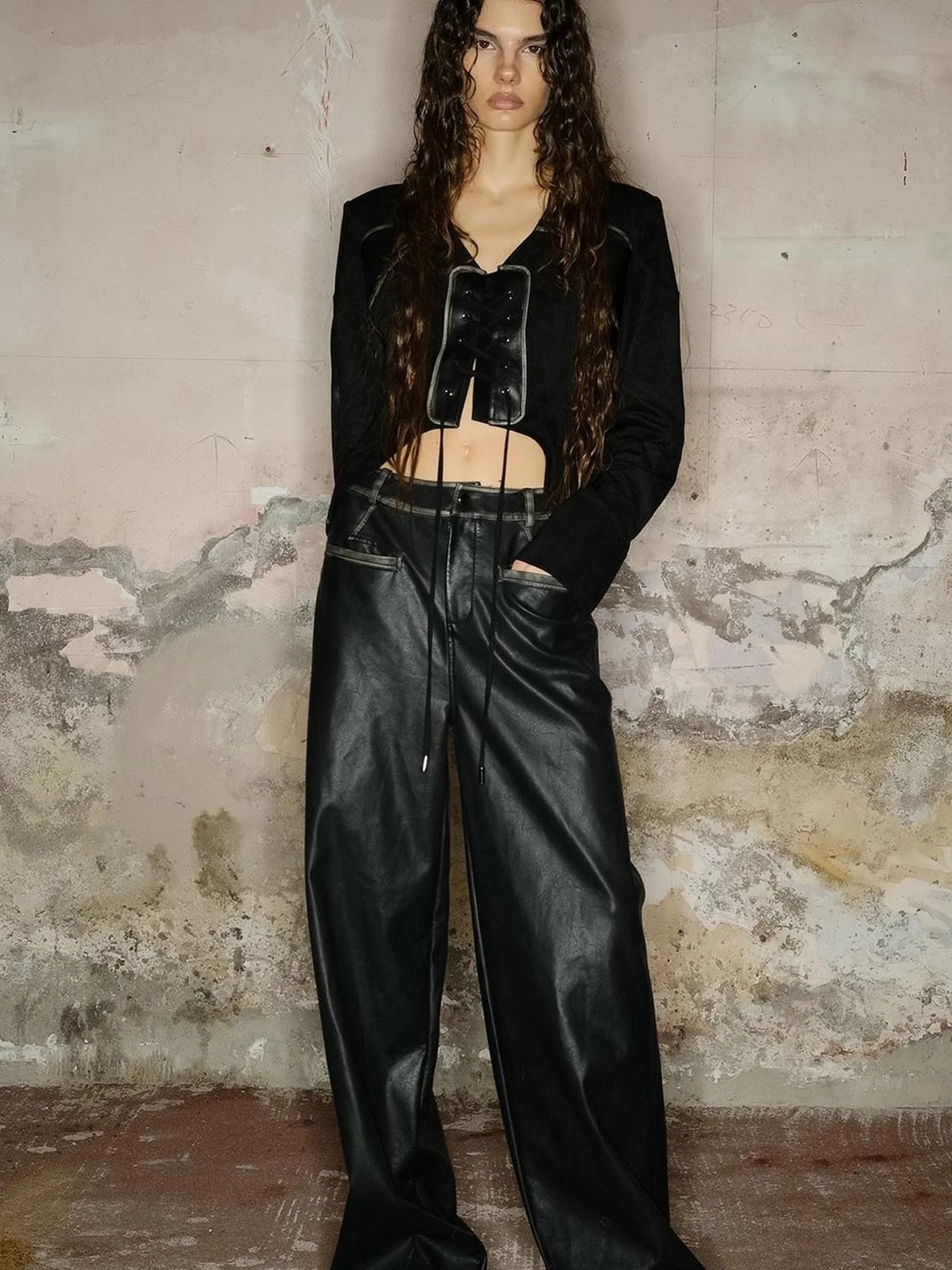 Straight Leg Faded Wide Cuff Leather Pants