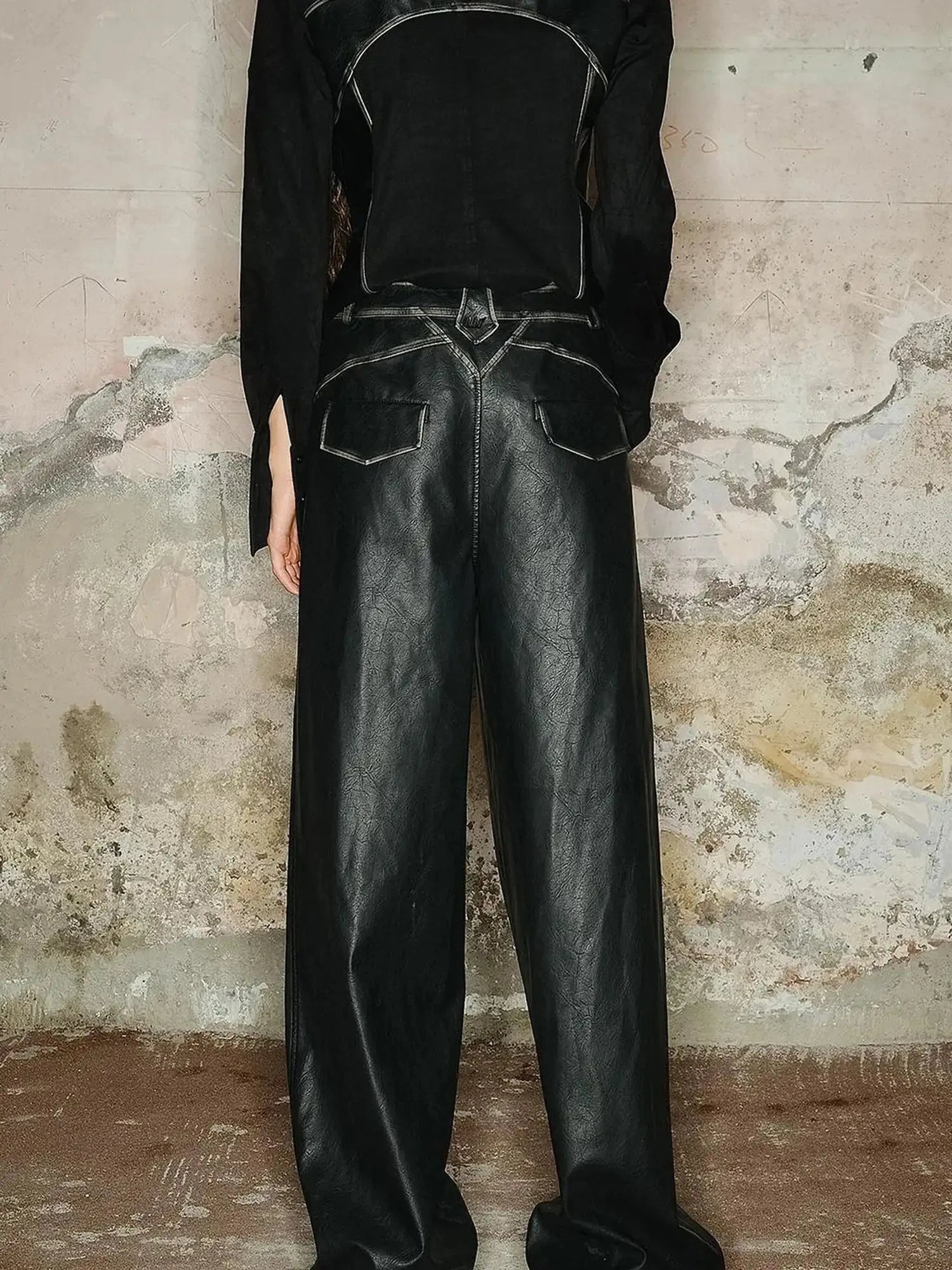 Straight Leg Faded Wide Cuff Leather Pants