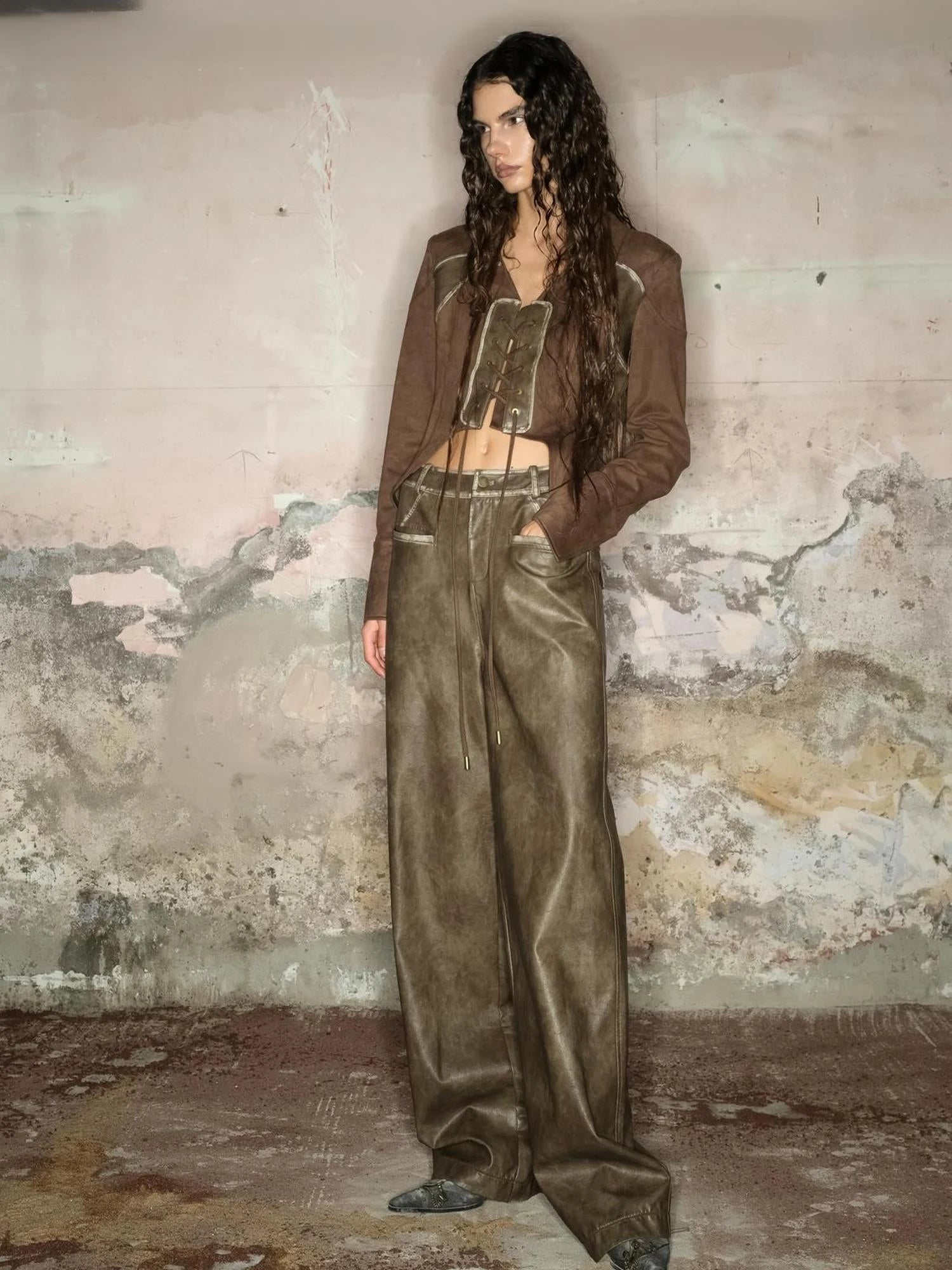 Straight Leg Faded Wide Cuff Leather Pants